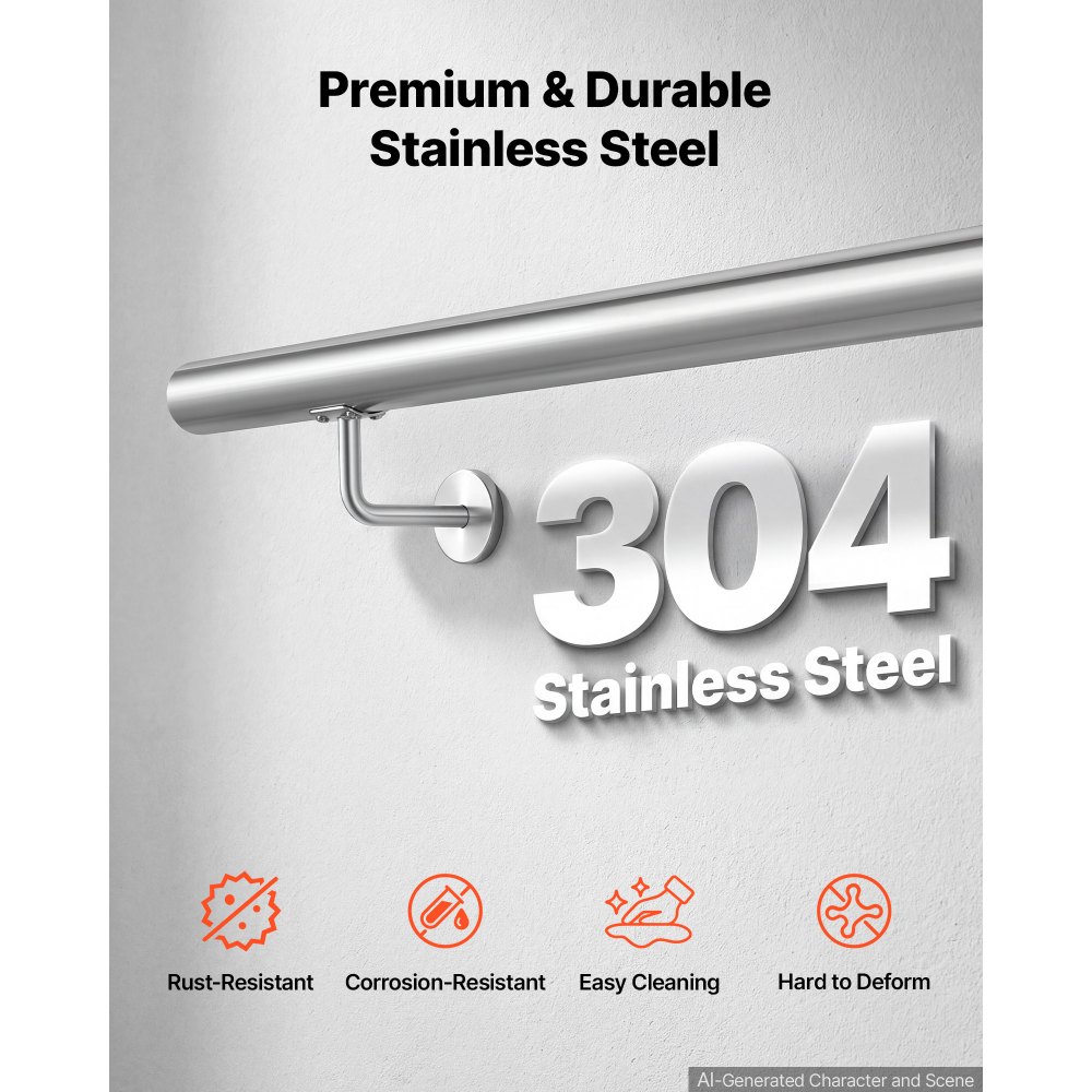VEVOR Barandilla de Pared de 200 cm, Carga 113,4 kg, Pasamanos de Escalera de Acero Inoxidable Plateado, Tubo Redondo y Herrajes de Montaje para Altillos, Porches, Escaleras Interiores y Pasillos