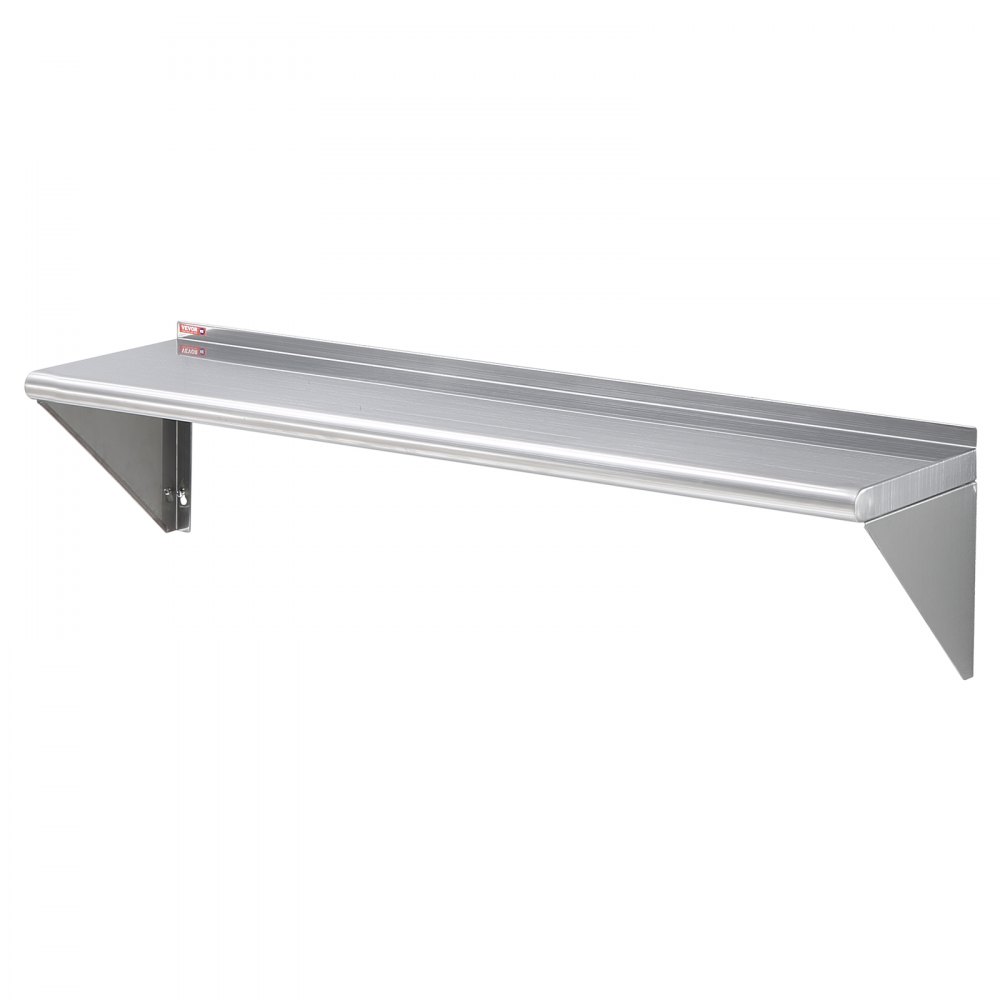 Estante de acero inoxidable VEVOR con soportes de pared, adecuado para uso en cocina o garaje.
