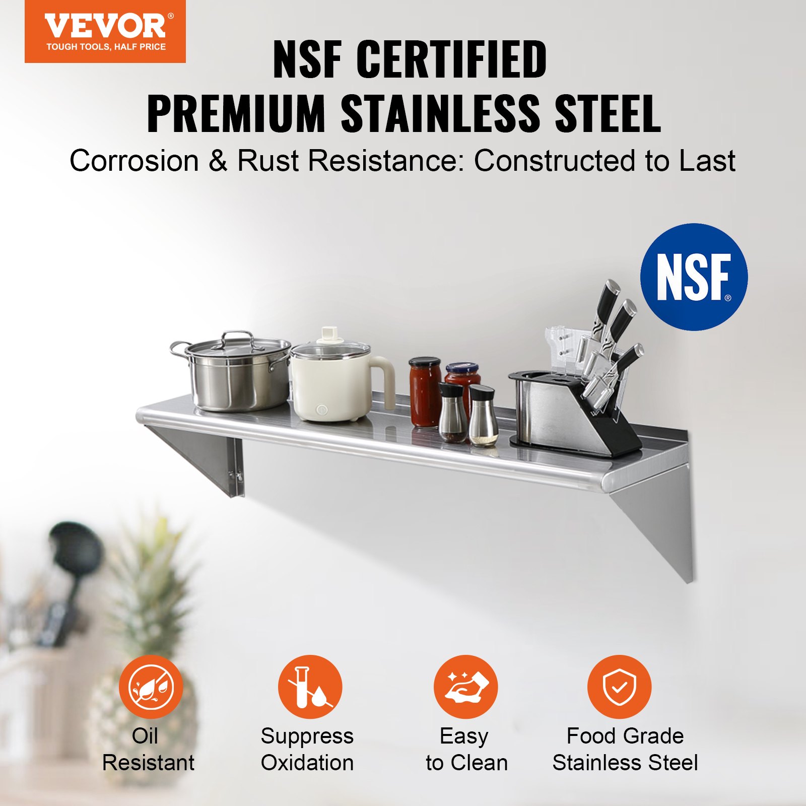 Estante de acero inoxidable VEVOR con utensilios de cocina y utensilios, certificado NSF, resistente al aceite, fácil de limpiar.