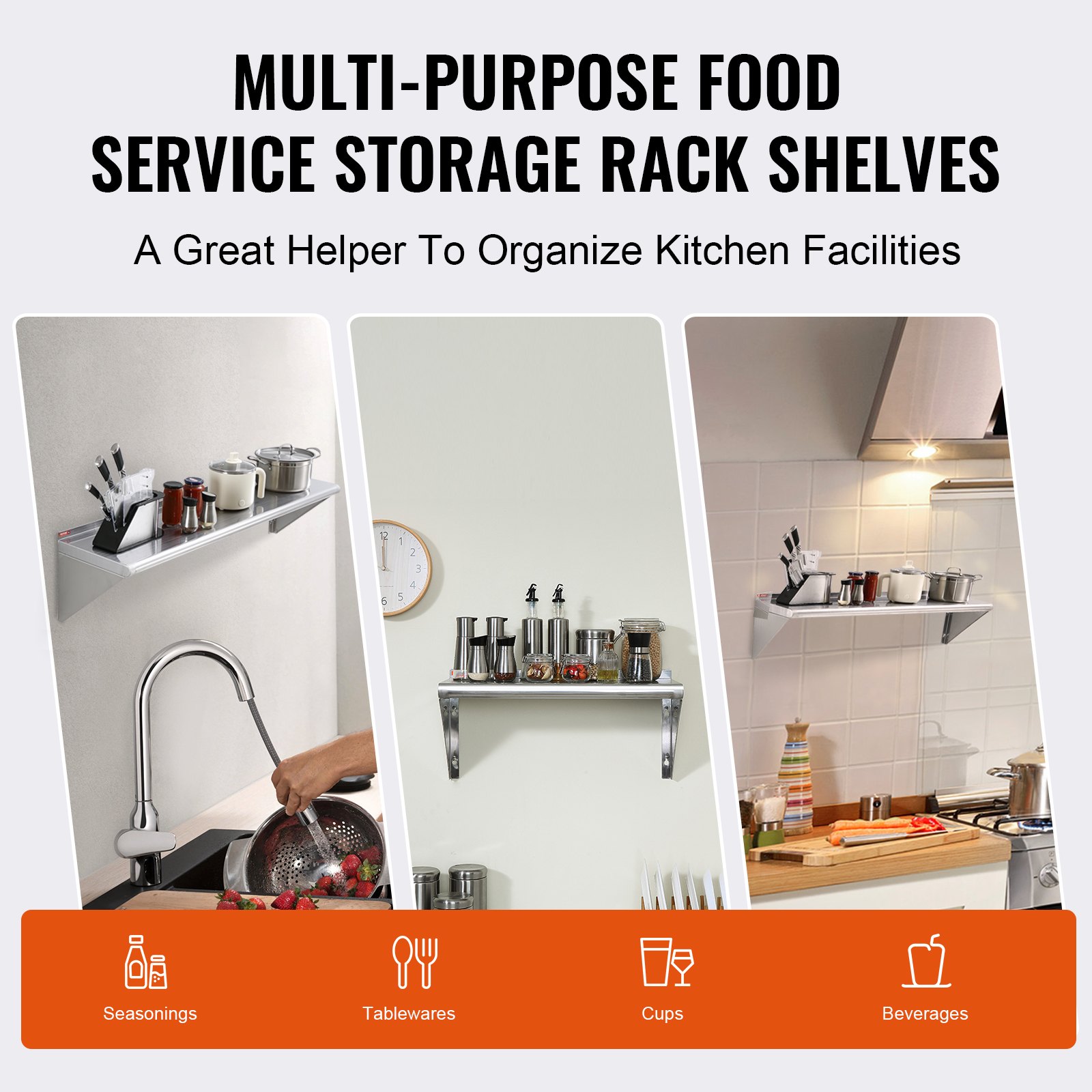Estante de acero inoxidable VEVOR para organizar condimentos, vajilla, tazas y bebidas en las cocinas.