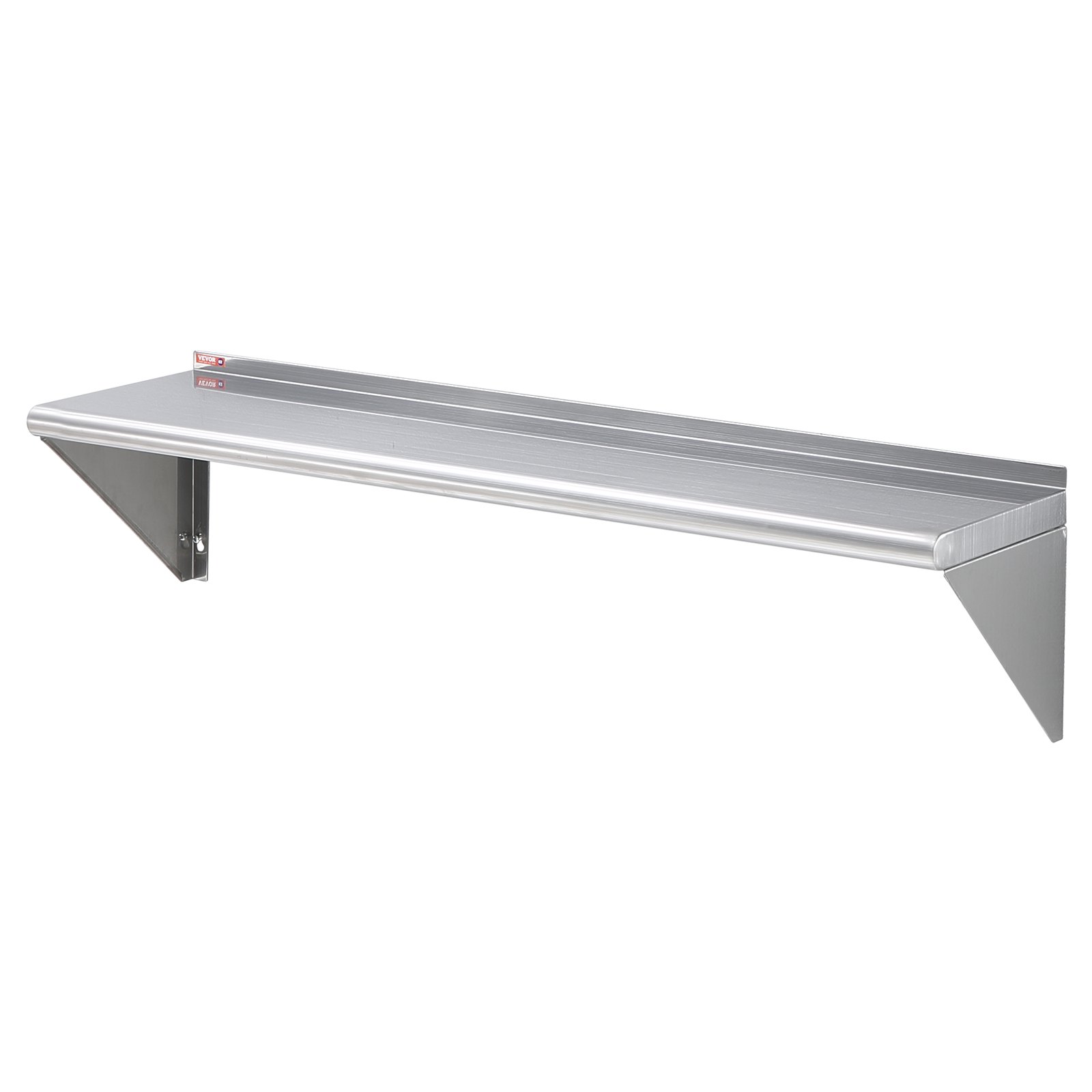 Estante de acero inoxidable VEVOR con soportes de pared, adecuado para uso en cocina o garaje.