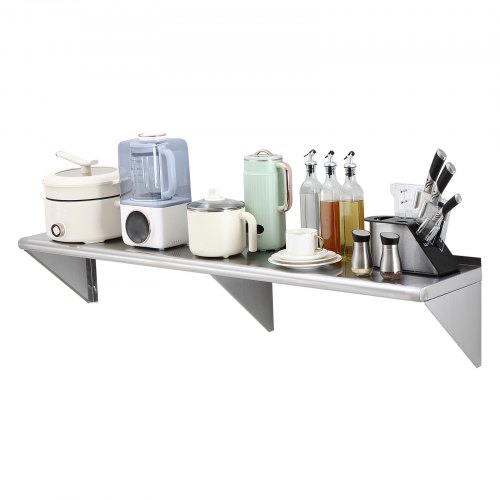 VEVOR Estante de Pared de Acero Inoxidable 1524x305x63 mm Estante Flotante con Soporte Triangular Carga Máxima de 142 kg Estantería de Pared para Libros Portarretratos Plantas Oficina Baño Cocina