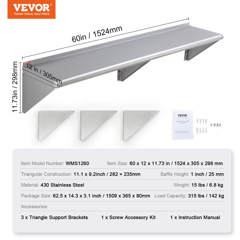 VEVOR Estante de Pared de Acero Inoxidable 1524x305x63 mm Estante Flotante con Soporte Triangular Carga Máxima de 142 kg Estantería de Pared para Libros Portarretratos Plantas Oficina Baño Cocina