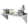 Estante de acero inoxidable VEVOR con utensilios de cocina, que incluye ollas, un juego de tazas, un bloque de cuchillos y utensilios.