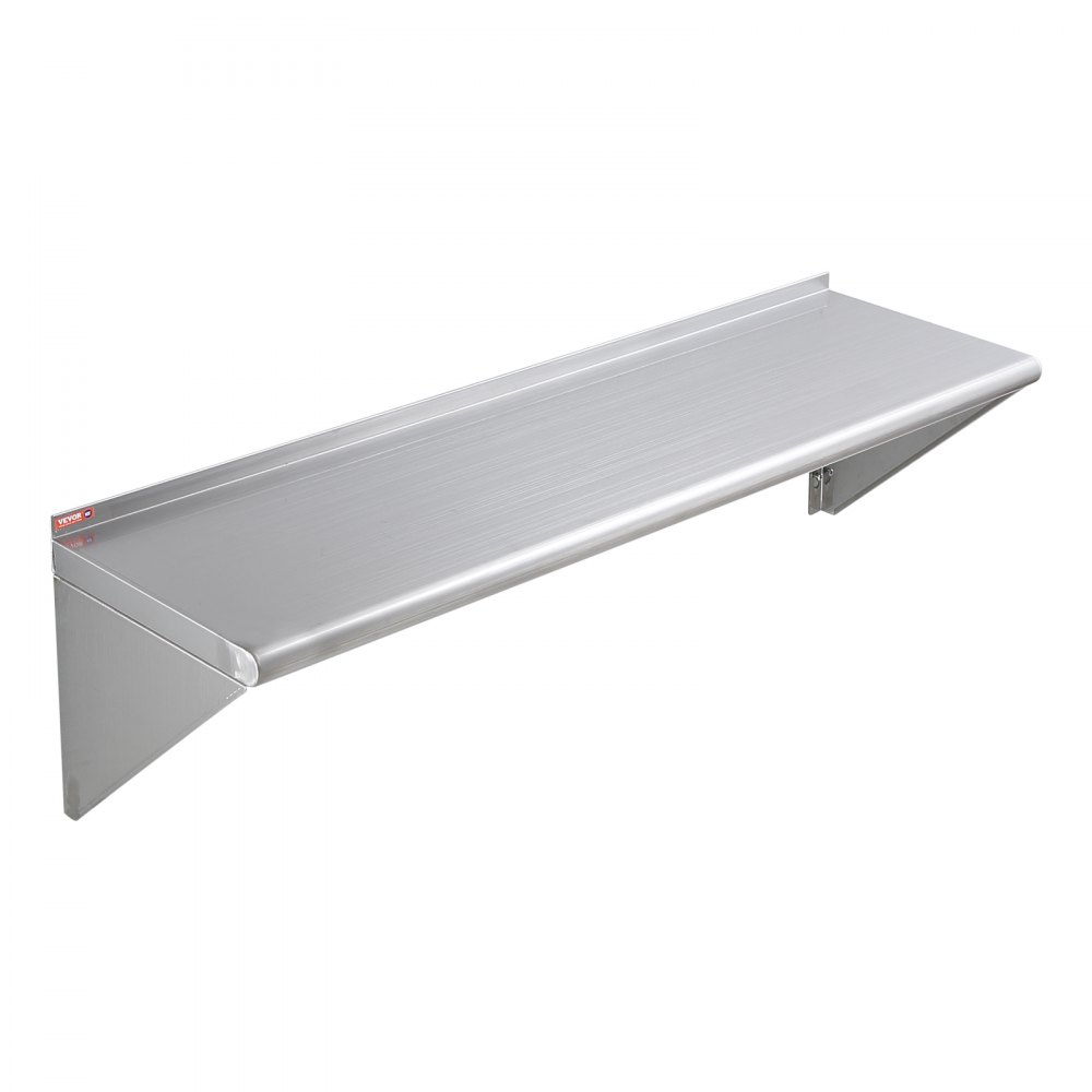 Estante de acero inoxidable VEVOR montado en la pared con soportes resistentes y acabado suave.