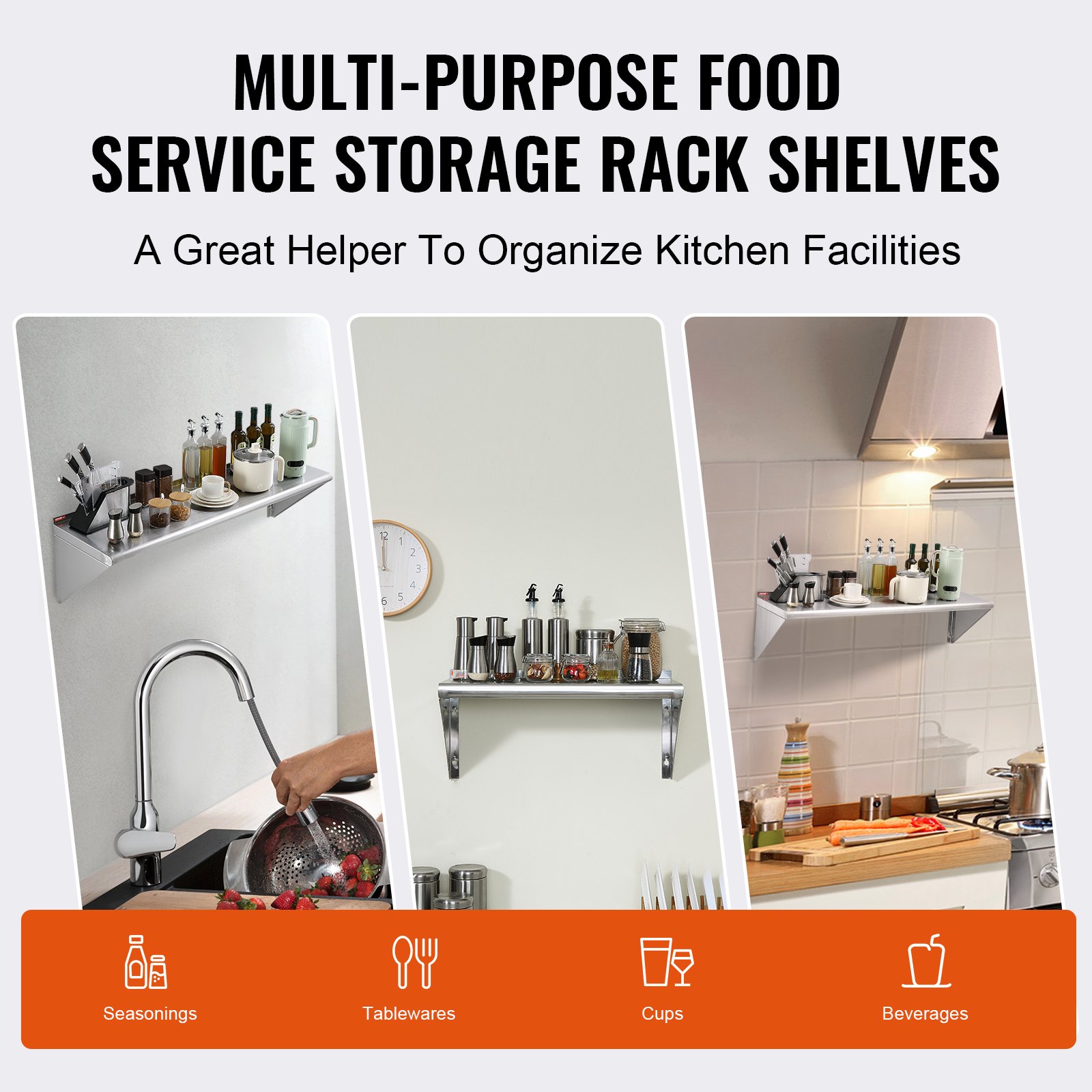Estante de acero inoxidable VEVOR para almacenamiento de cocina con tazas, vajilla, condimentos y bebidas.