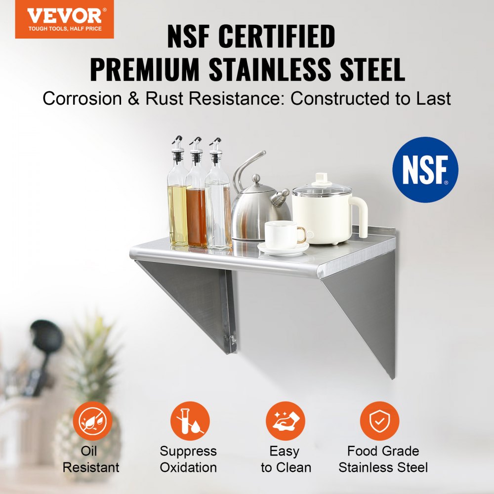 VEVOR Estante de Pared de Acero Inoxidable 610 x 457 x 63 mm Estante Flotante con Soporte Triangular Carga Máxima de 136 kg Estantería de Pared para Libros Portarretratos Plantas Oficina Baño Cocina