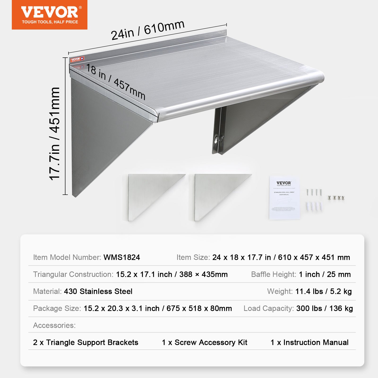 VEVOR Estante de Pared de Acero Inoxidable 610 x 457 x 63 mm Estante Flotante con Soporte Triangular Carga Máxima de 136 kg Estantería de Pared para Libros Portarretratos Plantas Oficina Baño Cocina