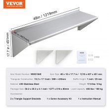 VEVOR Estante de Pared de Acero Inoxidable 1219 x 457 x 63 mm Estante Flotante con Soporte Triangular Carga Máxima de 180 kg Estantería de Pared para Libros Portarretratos Plantas Oficina Baño Cocina