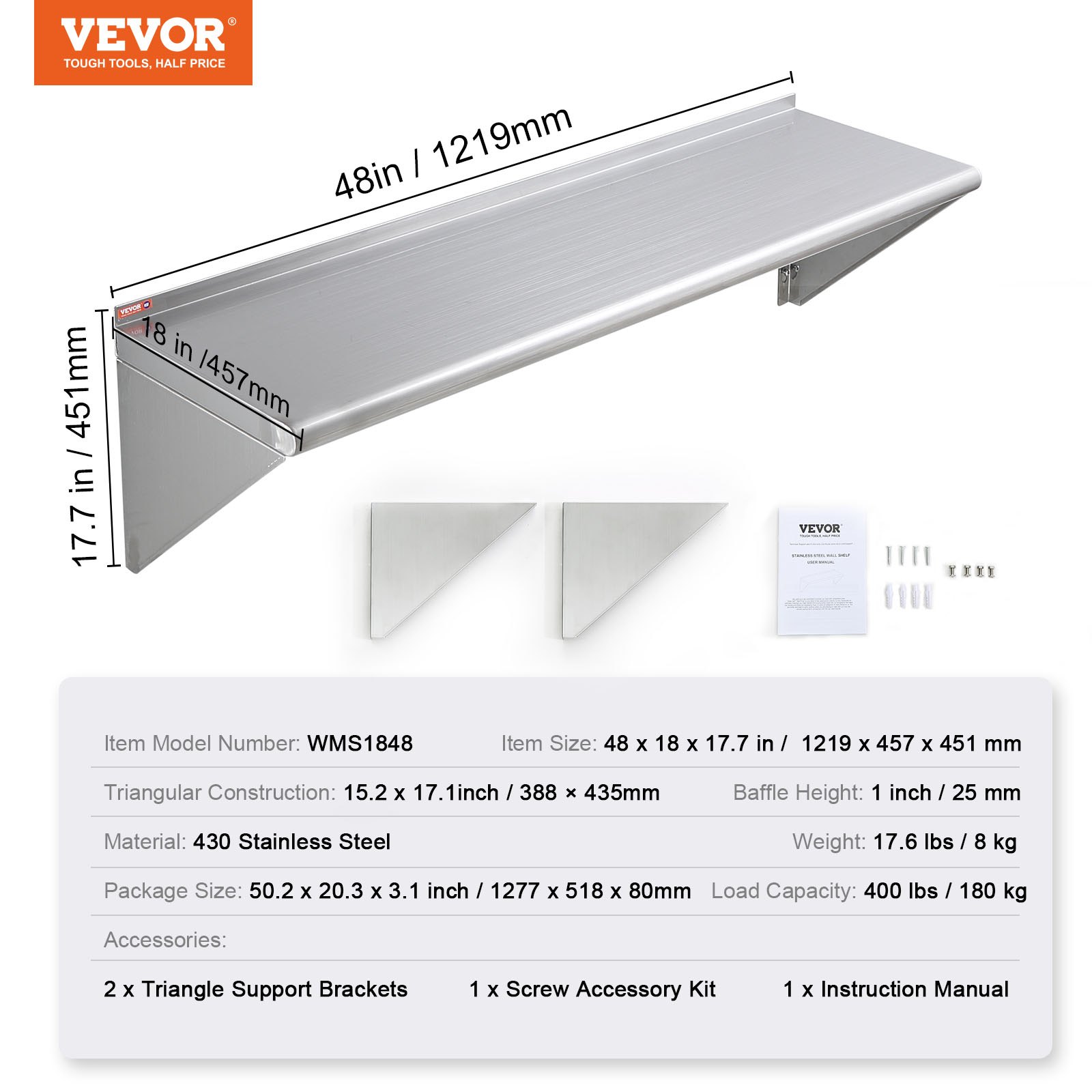 VEVOR Estante de Pared de Acero Inoxidable 1219 x 457 x 63 mm Estante Flotante con Soporte Triangular Carga Máxima de 180 kg Estantería de Pared para Libros Portarretratos Plantas Oficina Baño Cocina