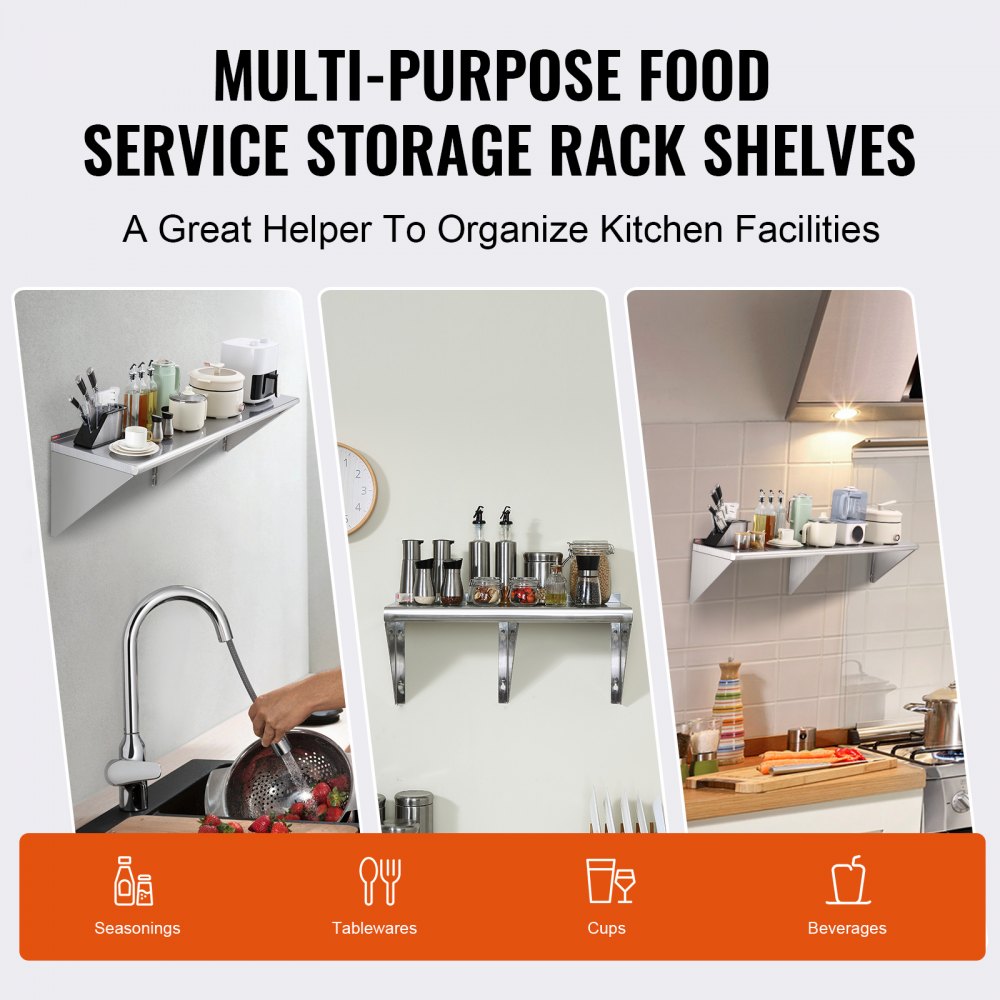 VEVOR Estante de Pared de Acero Inoxidable 1524 x 457 x 63 mm Estante Flotante con Soporte Triangular Carga Máxima de 204 kg Estantería de Pared para Libros Portarretratos Plantas Oficina Baño Cocina