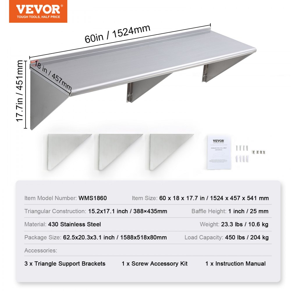 VEVOR Estante de Pared de Acero Inoxidable 1524 x 457 x 63 mm Estante Flotante con Soporte Triangular Carga Máxima de 204 kg Estantería de Pared para Libros Portarretratos Plantas Oficina Baño Cocina