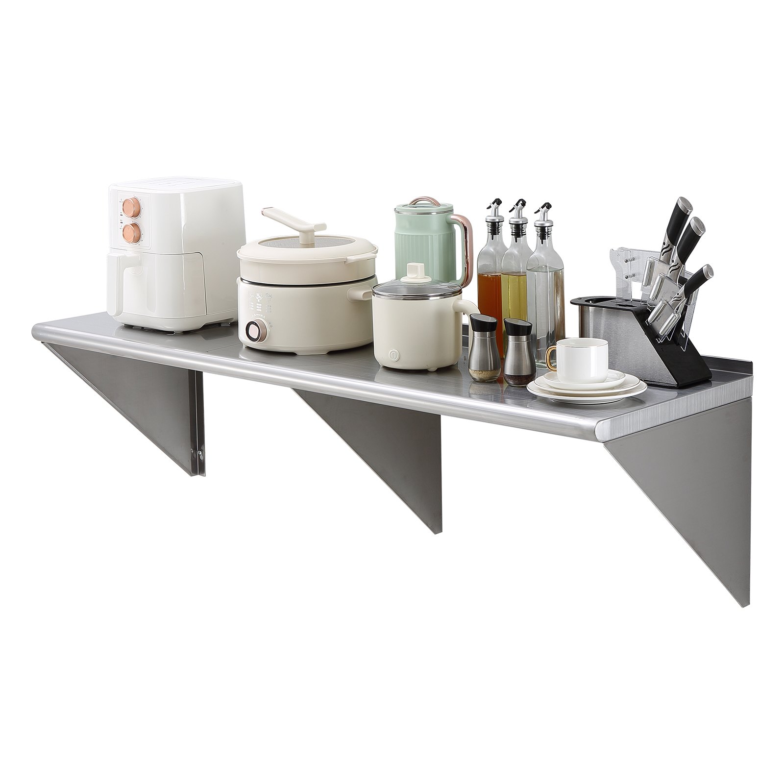VEVOR Estante de Pared de Acero Inoxidable 1524 x 457 x 63 mm Estante Flotante con Soporte Triangular Carga Máxima de 204 kg Estantería de Pared para Libros Portarretratos Plantas Oficina Baño Cocina