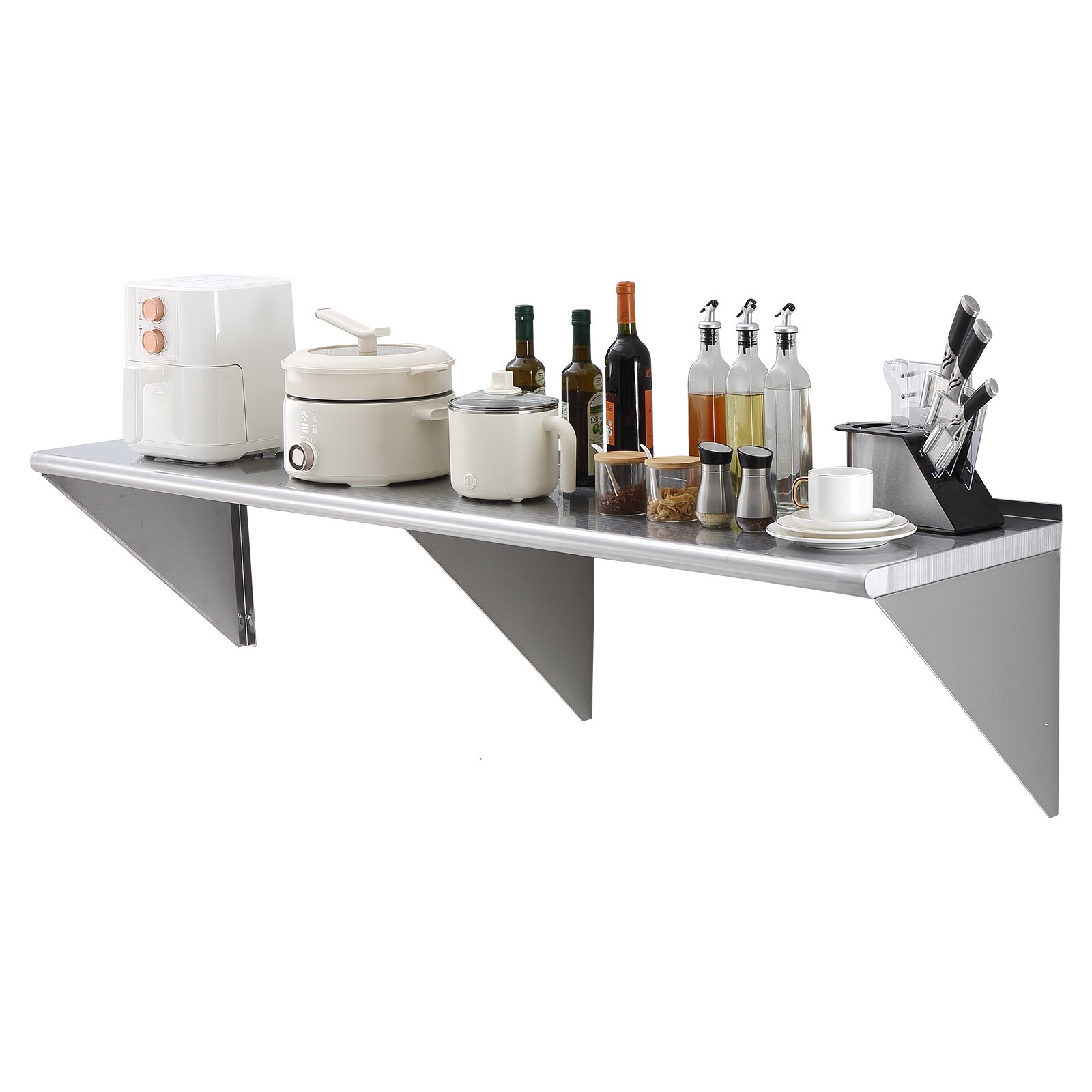 VEVOR Estante de Pared de Acero Inoxidable 1829 x 457 x 63 mm Estante Flotante con Soporte Triangular Carga de 226 kg Estantería de Pared para Libros Portarretratos Plantas Oficina Baño Cocina