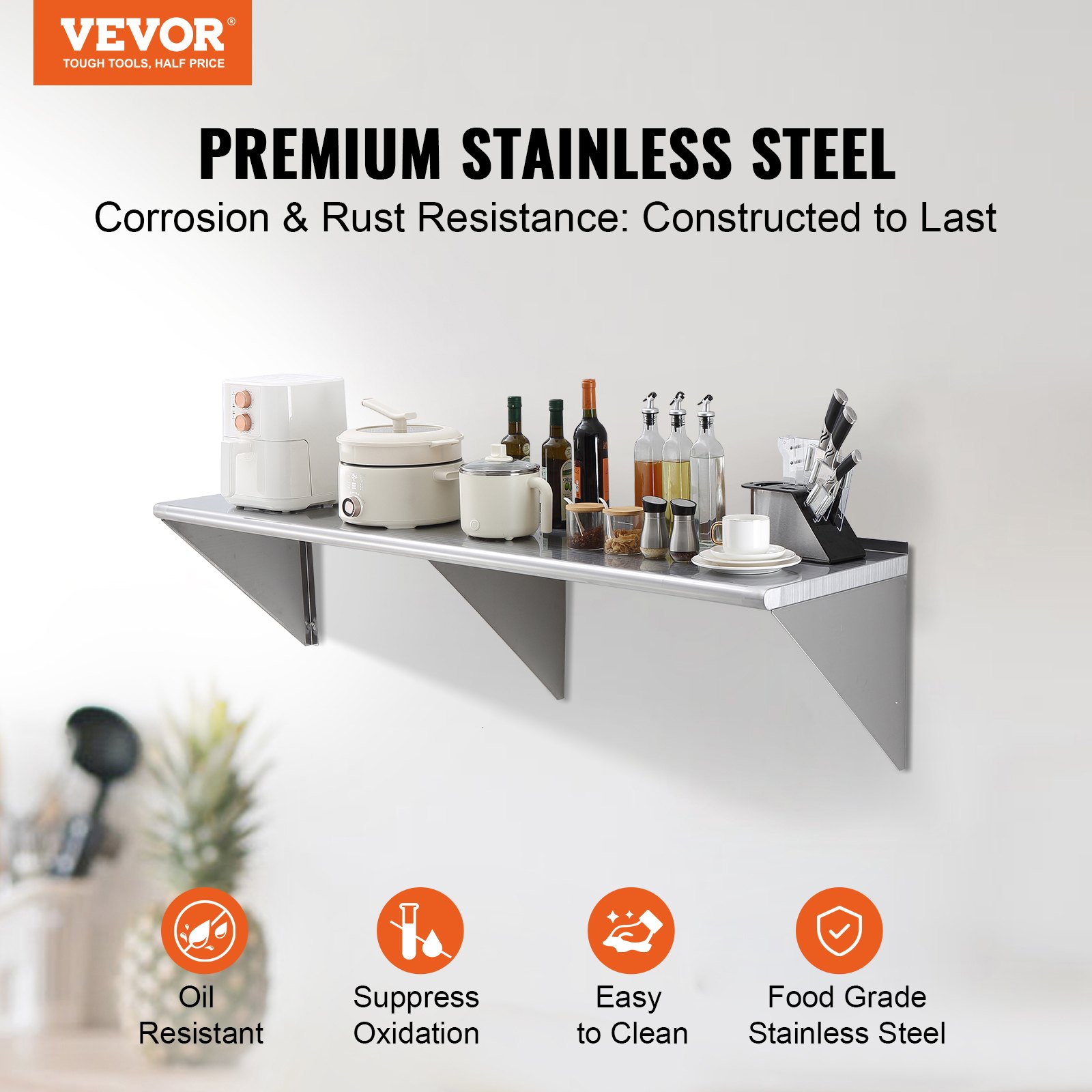 VEVOR Estante de Pared de Acero Inoxidable 1829 x 457 x 63 mm Estante Flotante con Soporte Triangular Carga de 226 kg Estantería de Pared para Libros Portarretratos Plantas Oficina Baño Cocina