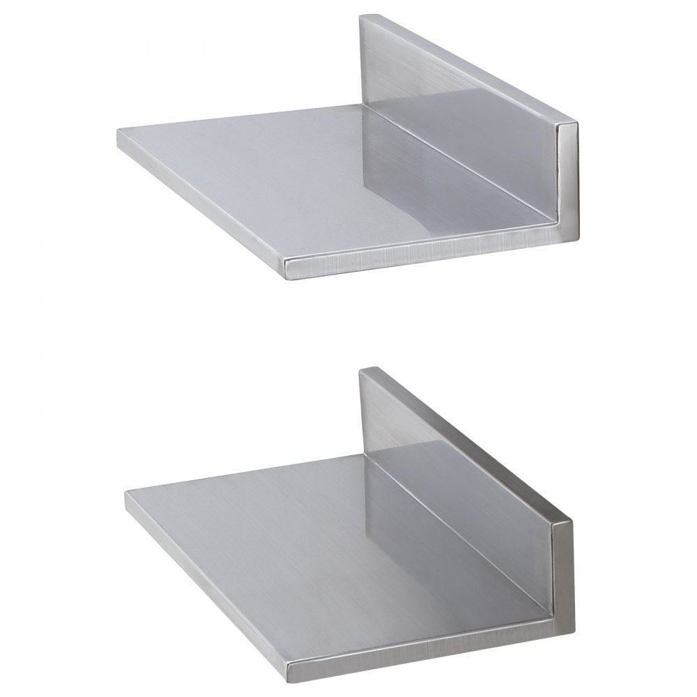 Dos estantes de acero inoxidable VEVOR montados en una pared, que muestran una construcción elegante y duradera.