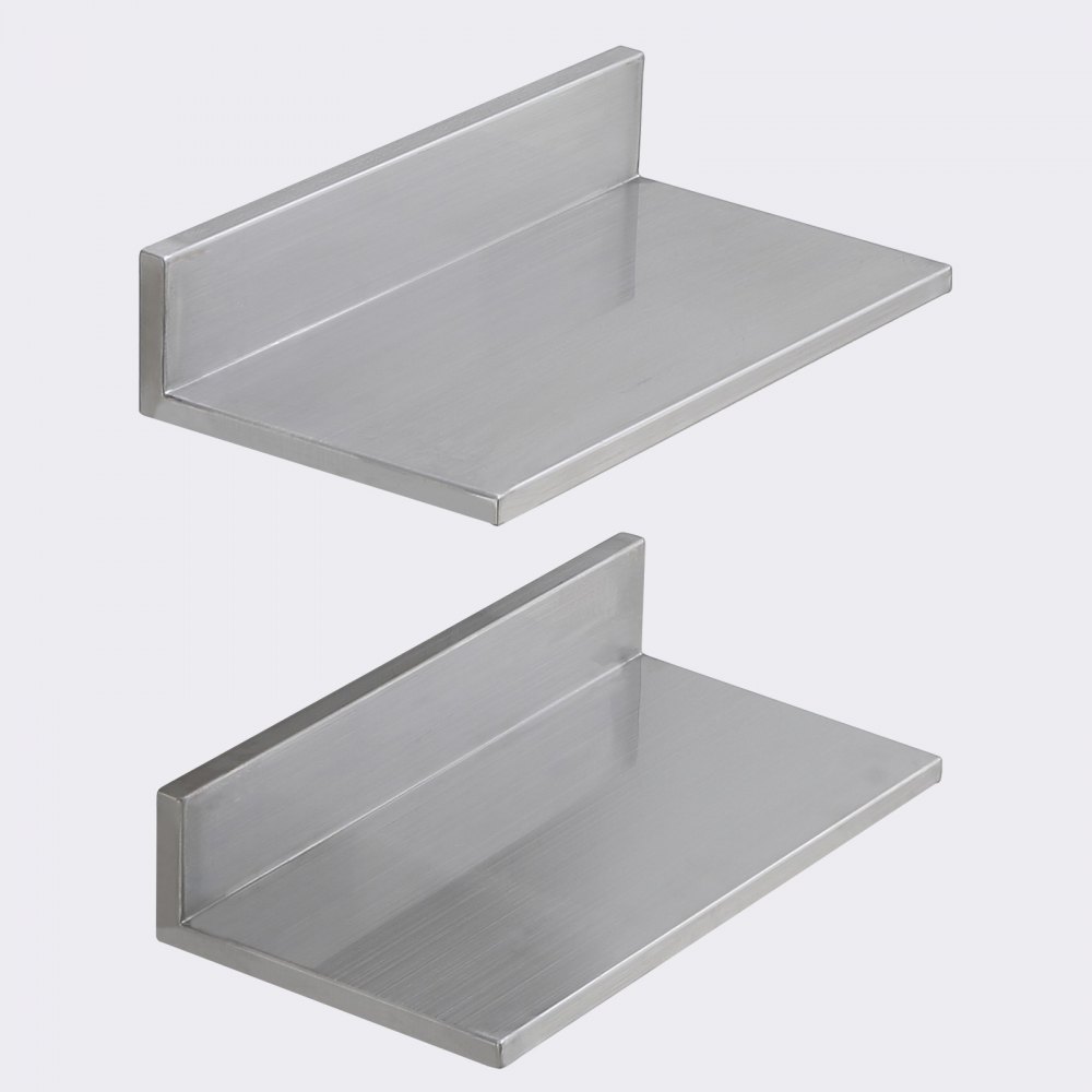 Par de estantes de acero inoxidable VEVOR con un diseño elegante y moderno y borde trasero elevado.