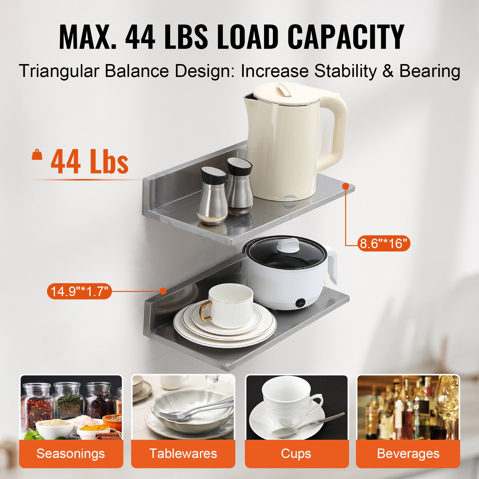 VEVOR Spice Rack Wall Shelf 2-Piece, Hanging Kitchen Shelf 406 x 218 x 85 mm, Floating Shelf Stainless Steel 20 kg Load Capacity, Shelf Board Wall Board Spice Rack Suitable for Kitchens, Restaurants, Hotels etc.