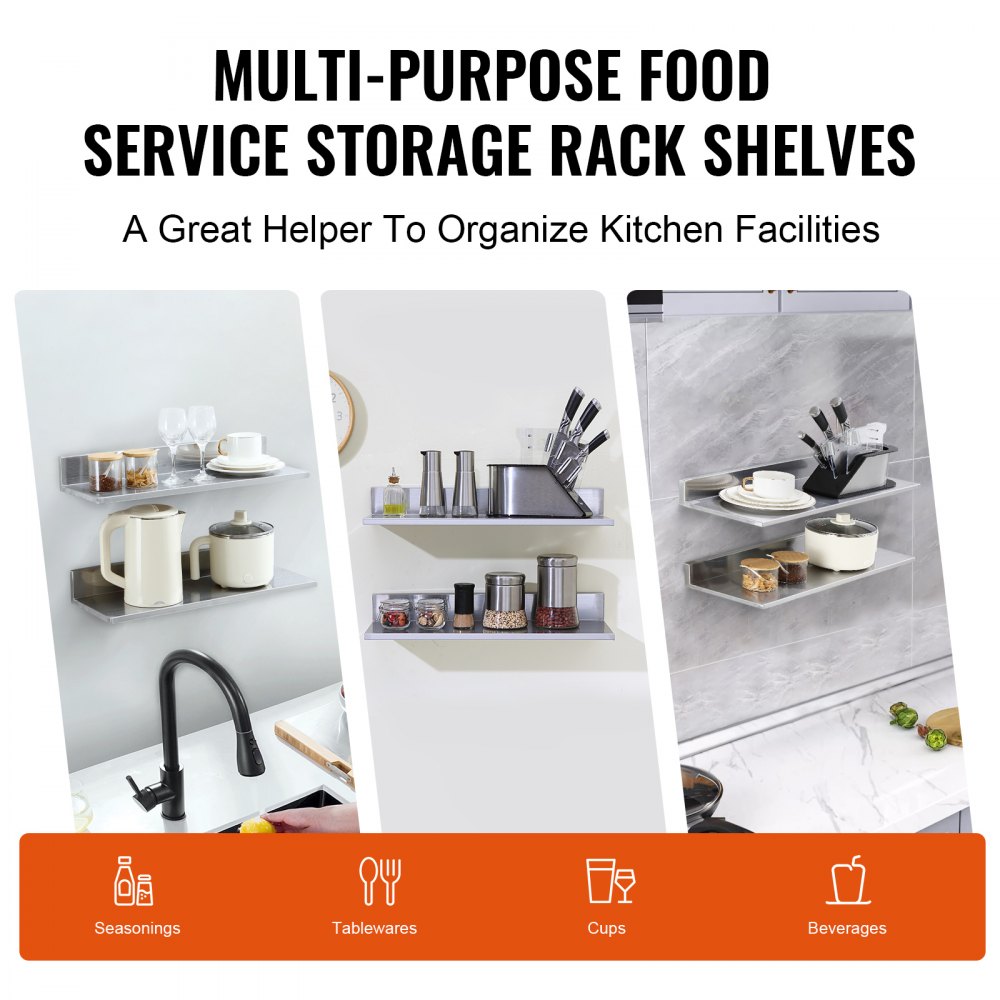 Estante de acero inoxidable VEVOR para almacenamiento en la cocina, organizando tazas, vajillas y condimentos.