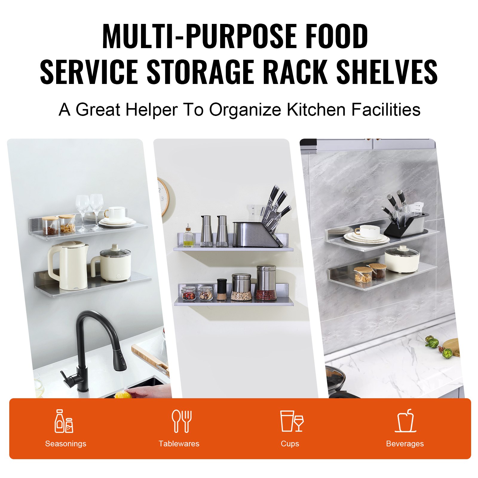 Estante de acero inoxidable VEVOR para almacenamiento en la cocina, organizando tazas, vajillas y condimentos.