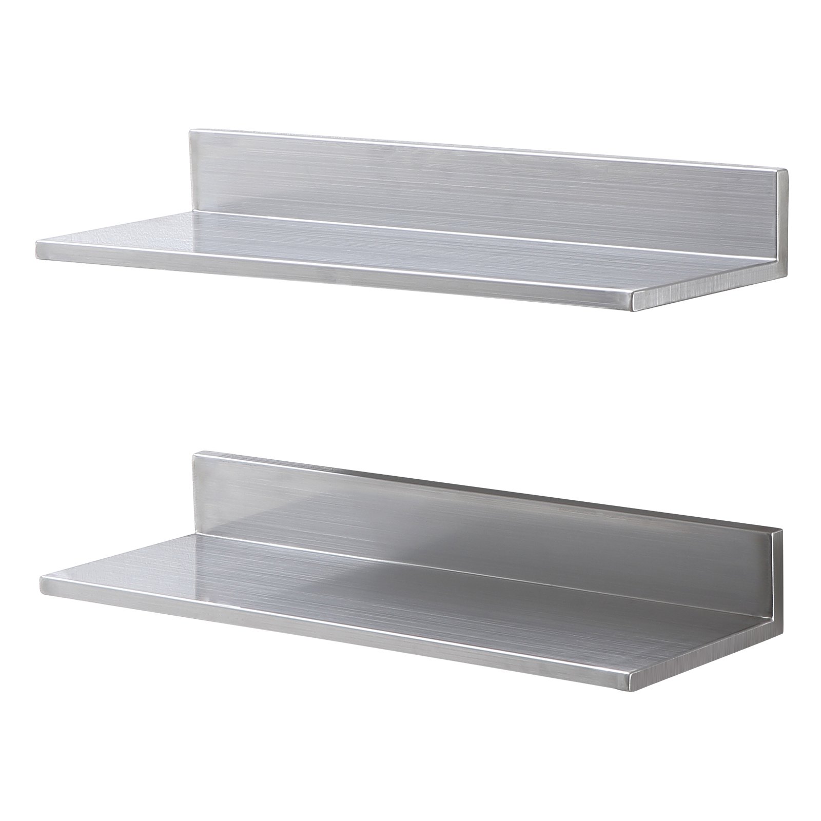 Estante de acero inoxidable VEVOR con dos estantes metálicos montados en la pared, perfecto para uso en la cocina o como almacenamiento.