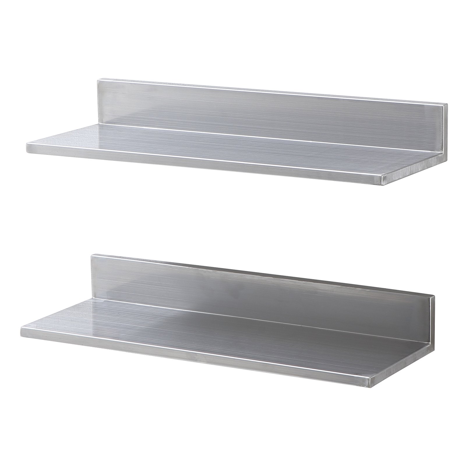 Dos estantes de acero inoxidable VEVOR montados en la pared con bordes traseros elevados para uso en la cocina o en el almacenamiento.