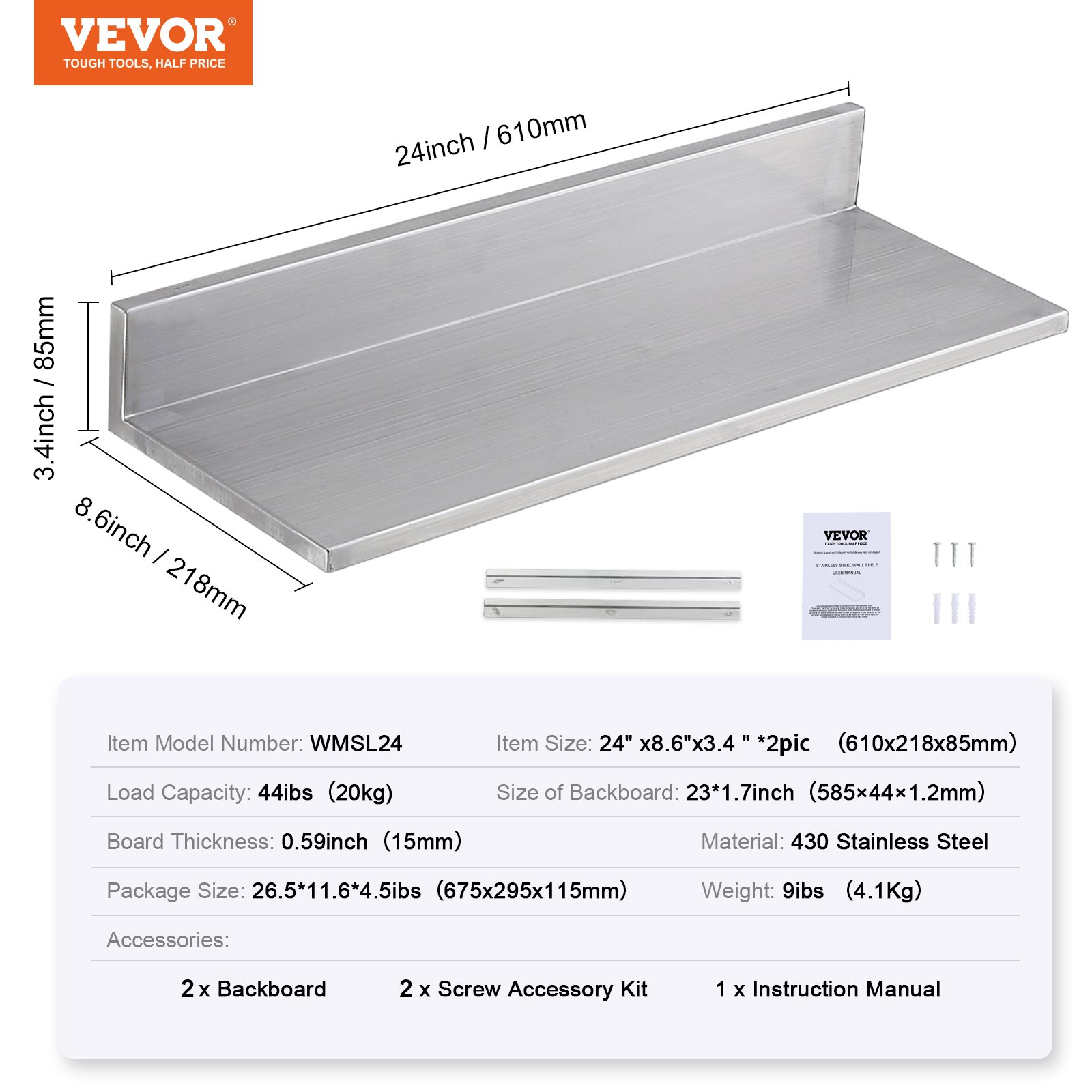 VEVOR Estantería de Acero Inoxidable de 610x218 mm Estante Flotante Montado en Pared con Protector contra Salpicaduras Carga de 20 kg Resistente para Restaurantes, Cocinas, Hoteles, Paquete de 2