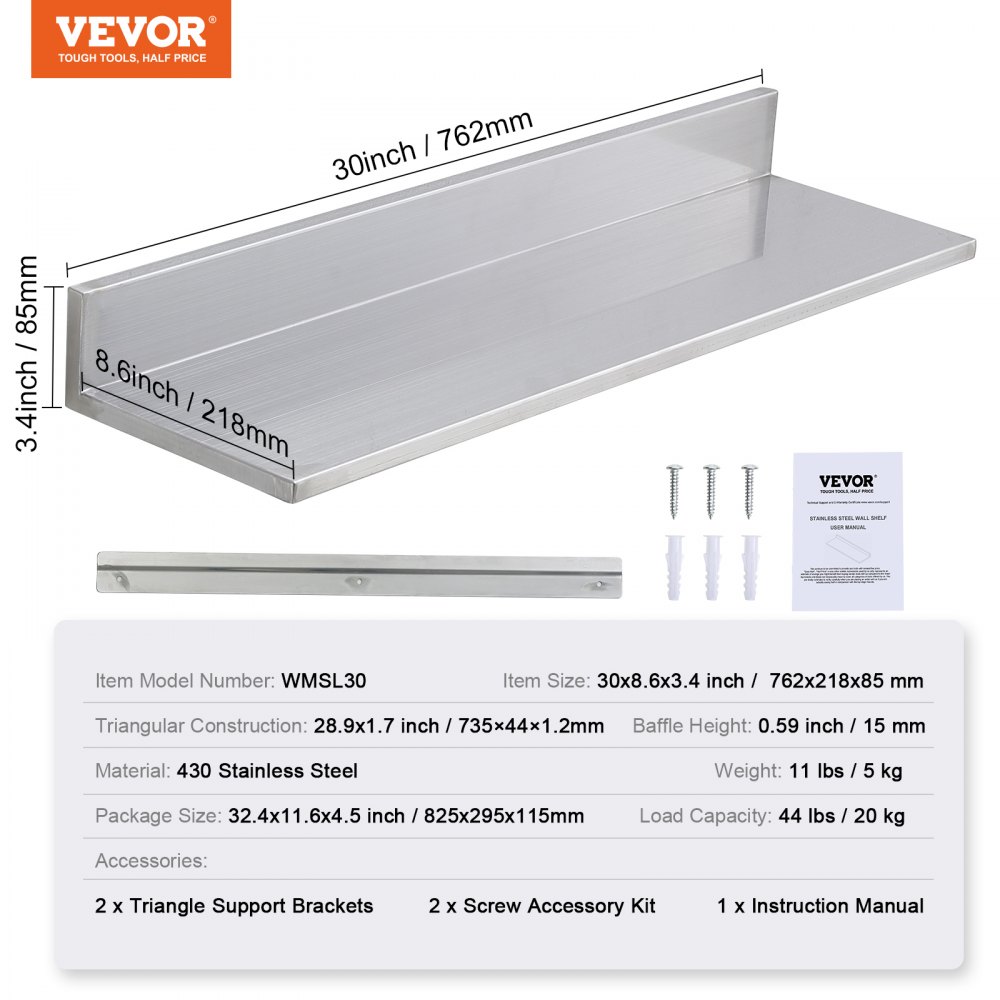 VEVOR Estantería de Acero Inoxidable de 762x218 mm Estante Flotante Montado en Pared con Protector contra Salpicaduras Carga de 20 kg Resistente para Restaurantes, Cocinas, Bares, Hogares, Hoteles