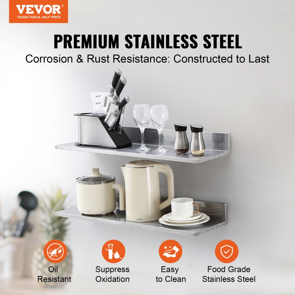 VEVOR Estantería de Acero Inoxidable de 762x218 mm Estante Flotante Montado en Pared con Protector contra Salpicaduras Carga de 20 kg Resistente para Restaurantes, Cocinas, Bares, Hogares, Hoteles