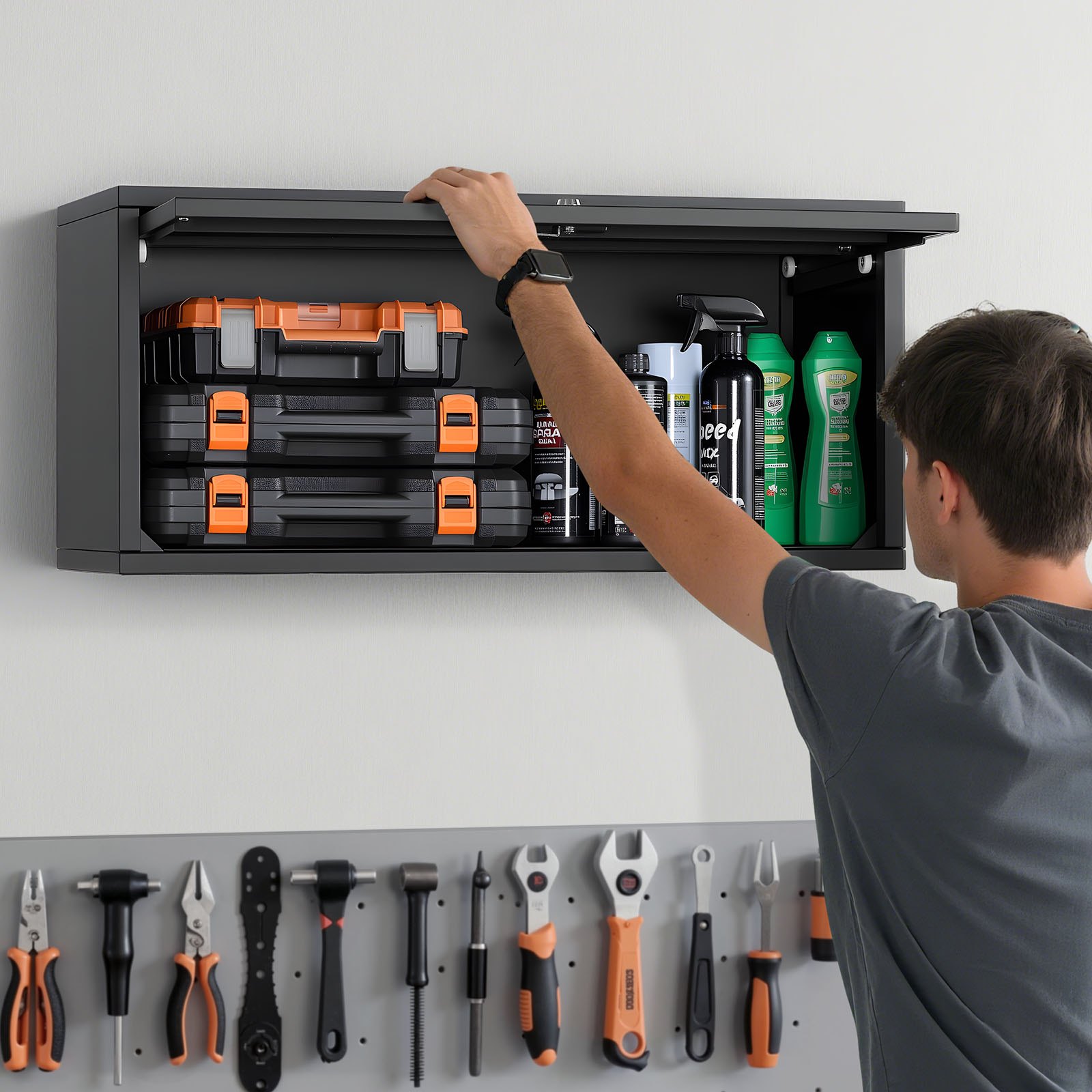 VEVOR Armario de Pared para Taller, 77 x 30,5 x 35,6 cm, Armario de Herramientas de Garaje de Metal con Puerta Abatible, Capacidad de 54,5 kg, para Garaje, Sótano, Cocina y Almacén, Negro