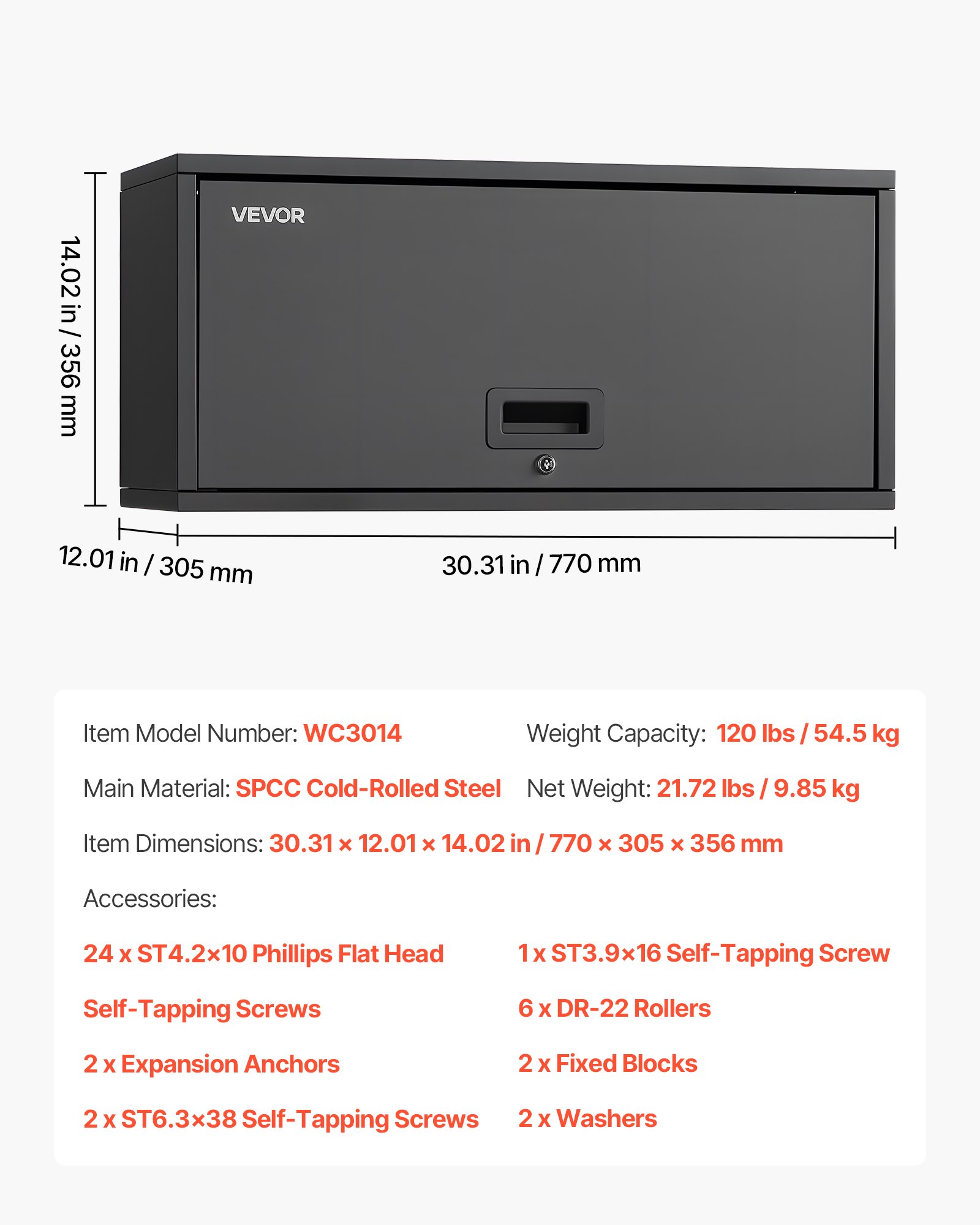 VEVOR Armario de Pared para Taller, 77 x 30,5 x 35,6 cm, Armario de Herramientas de Garaje de Metal con Puerta Abatible, Capacidad de 54,5 kg, para Garaje, Sótano, Cocina y Almacén, Negro