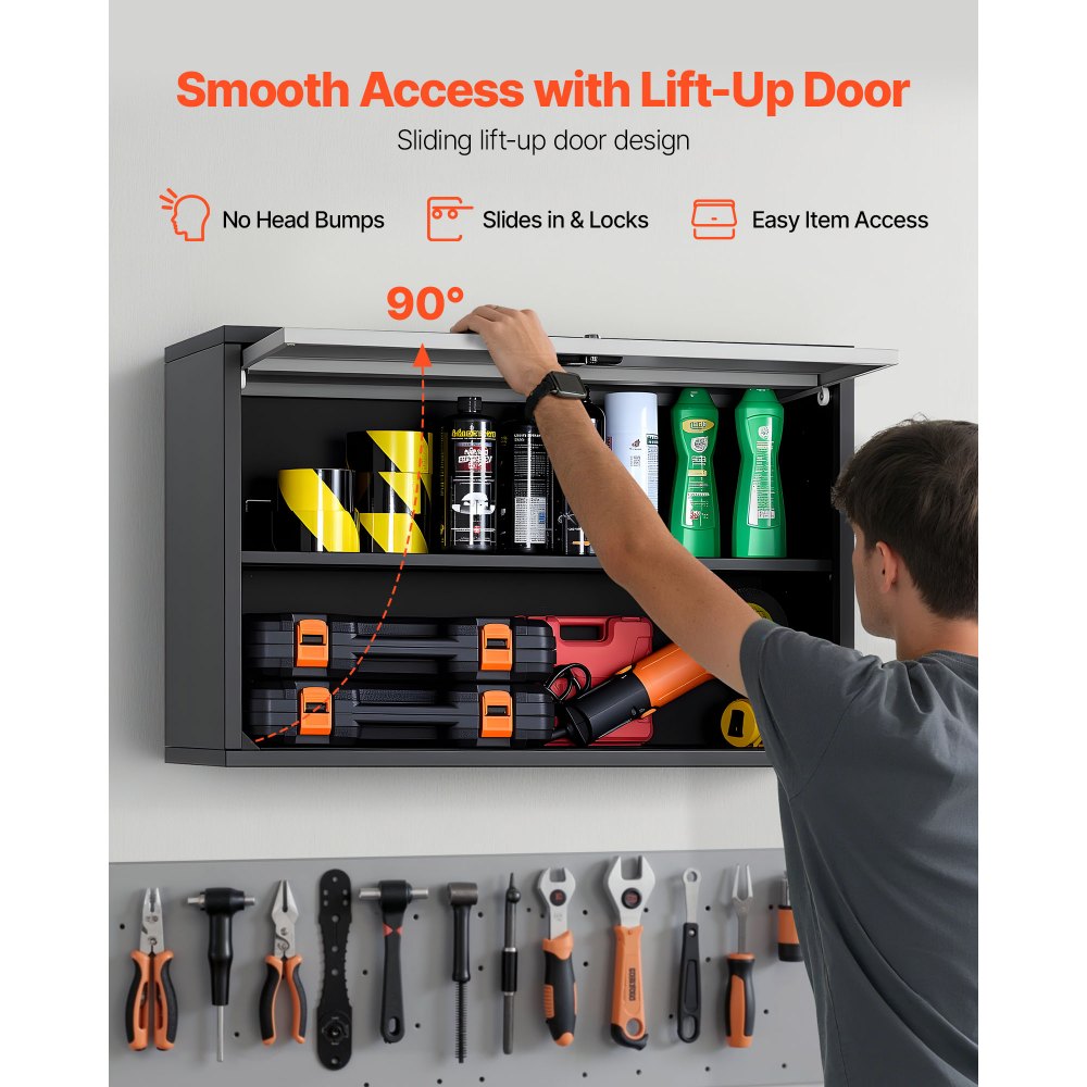 VEVOR Armario de Pared para Taller, 770 x 305 x 500 mm, Armario de Herramientas de Garaje de Metal con Puerta Abatible, Capacidad de 108,86 kg, para Garaje, Sótano, Cocina y Almacén, Negro