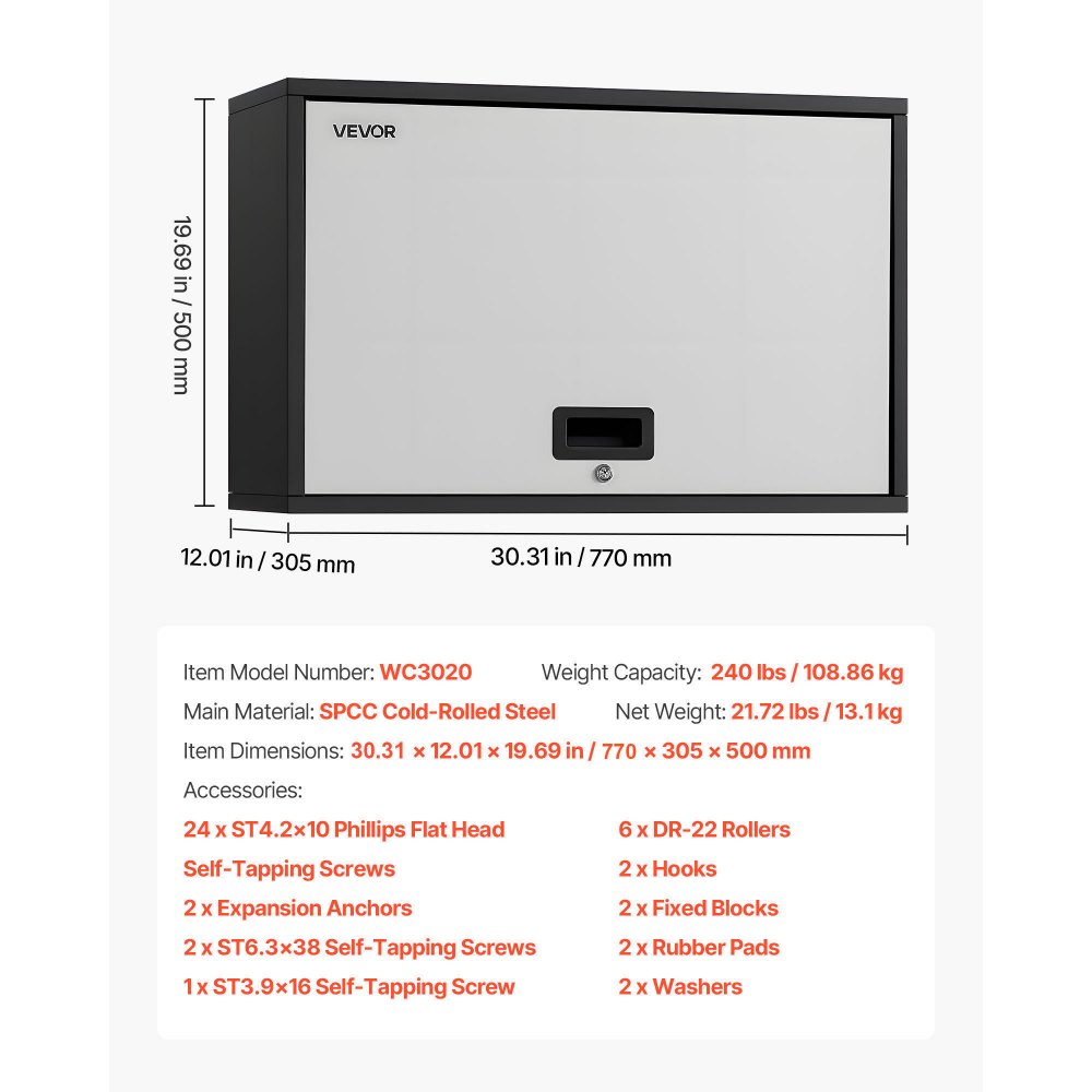 VEVOR Armario de Pared para Taller, 770 x 305 x 500 mm, Armario de Herramientas de Garaje de Metal con Puerta Abatible, Capacidad de 108,86 kg, para Garaje, Sótano, Cocina y Almacén, Negro