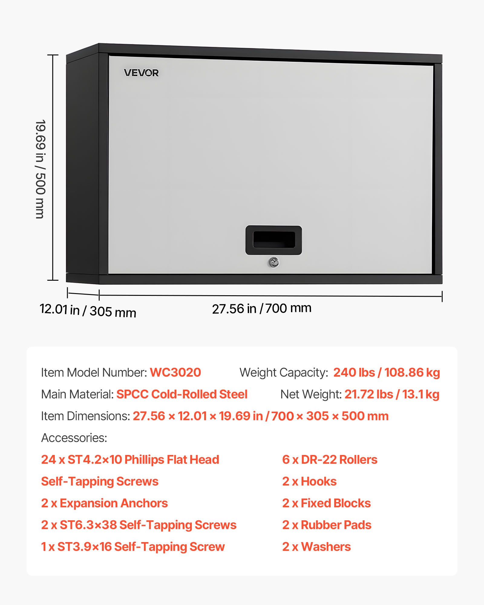 VEVOR Armario de Pared para Taller, 770 x 305 x 500 mm, Armario de Herramientas de Garaje de Metal con Puerta Abatible, Capacidad de 108,86 kg, para Garaje, Sótano, Cocina y Almacén, Negro