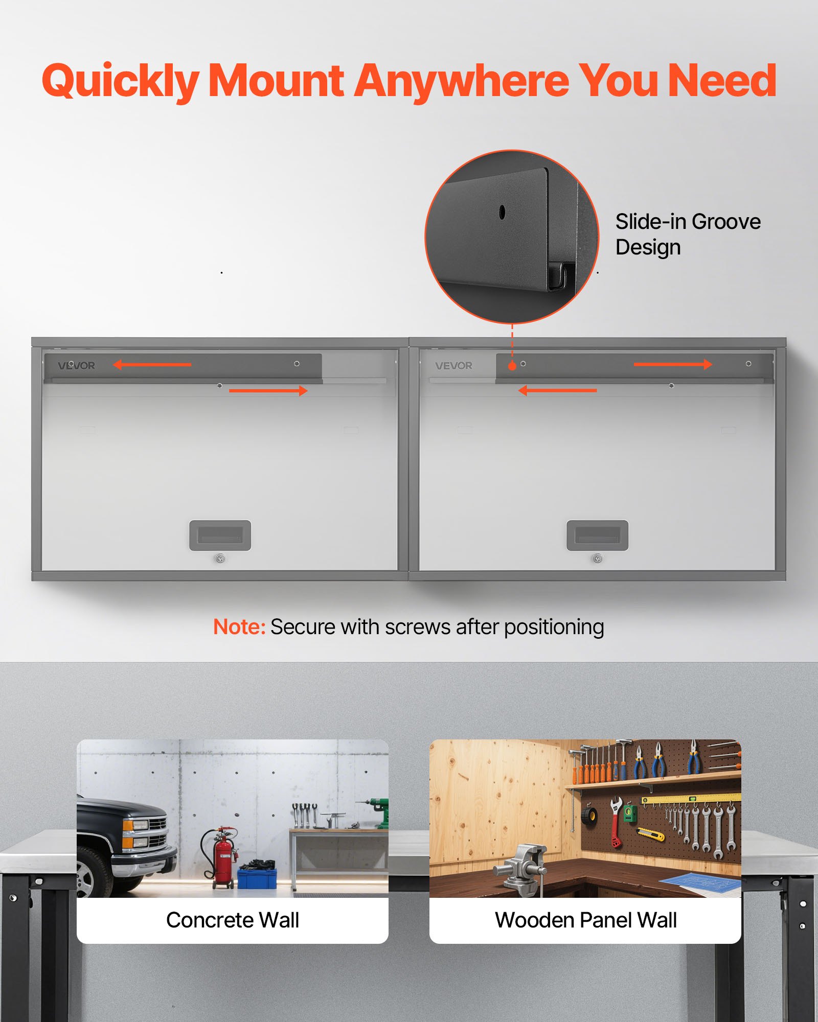 VEVOR Armario de Pared para Taller, 770 x 305 x 500 mm, Armario de Herramientas de Garaje de Metal con Puerta Abatible, Capacidad de 108,86 kg, para Garaje, Sótano, Cocina y Almacén, Negro