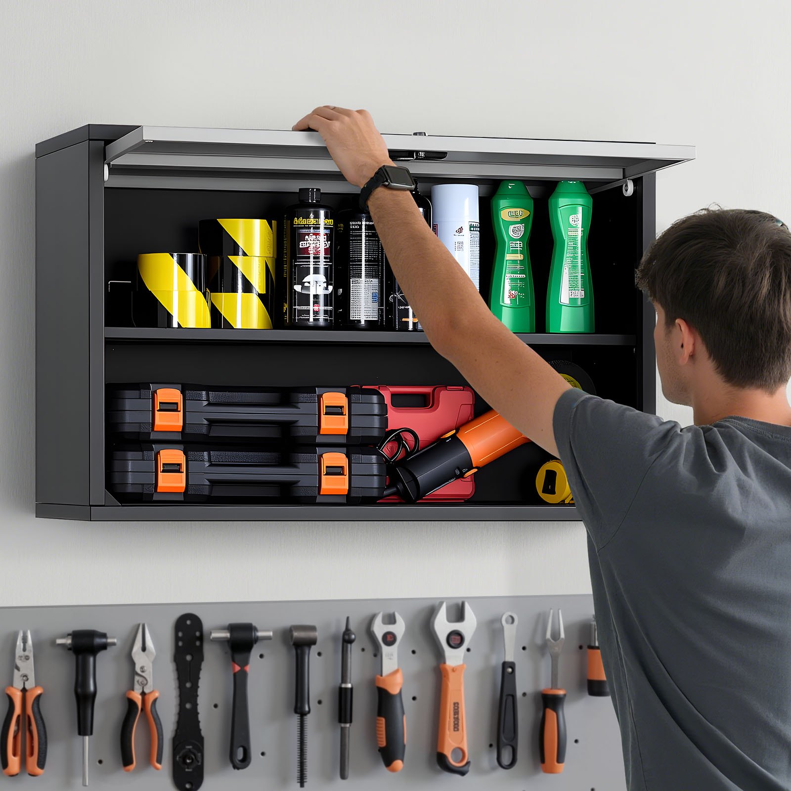 VEVOR Armario de Pared para Taller, 770 x 305 x 500 mm, Armario de Herramientas de Garaje de Metal con Puerta Abatible, Capacidad de 108,86 kg, para Garaje, Sótano, Cocina y Almacén, Negro