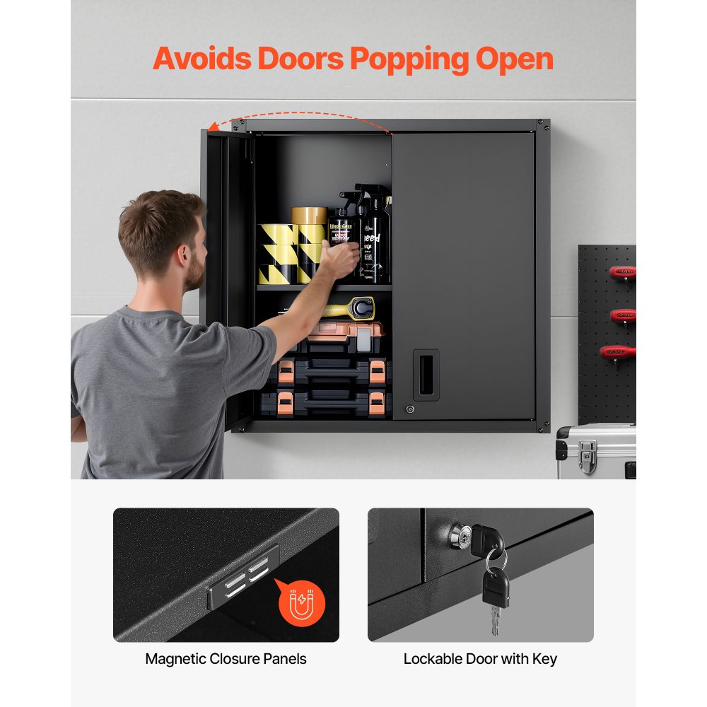 VEVOR Armario de Pared para Taller, 762 x 310 x 762 mm, Armario de Herramientas de Metal Colgante de Pared, con Puerta con Cerradura, Capacidad de 108,86 kg, para Garaje, Sótano y Almacén, Negro