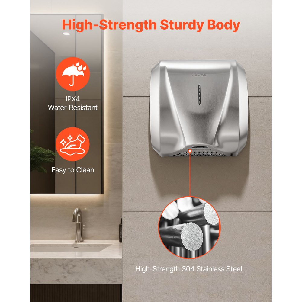 VEVOR Secador de Manos Automático de Velocidad 1800 W con Filtro HEPA, Secador de Manos de Aire de Acero Inoxidable, Montaje en Pared para Baños Hoteles Oficinas Hospitales Aeropuertos Uso Comercial