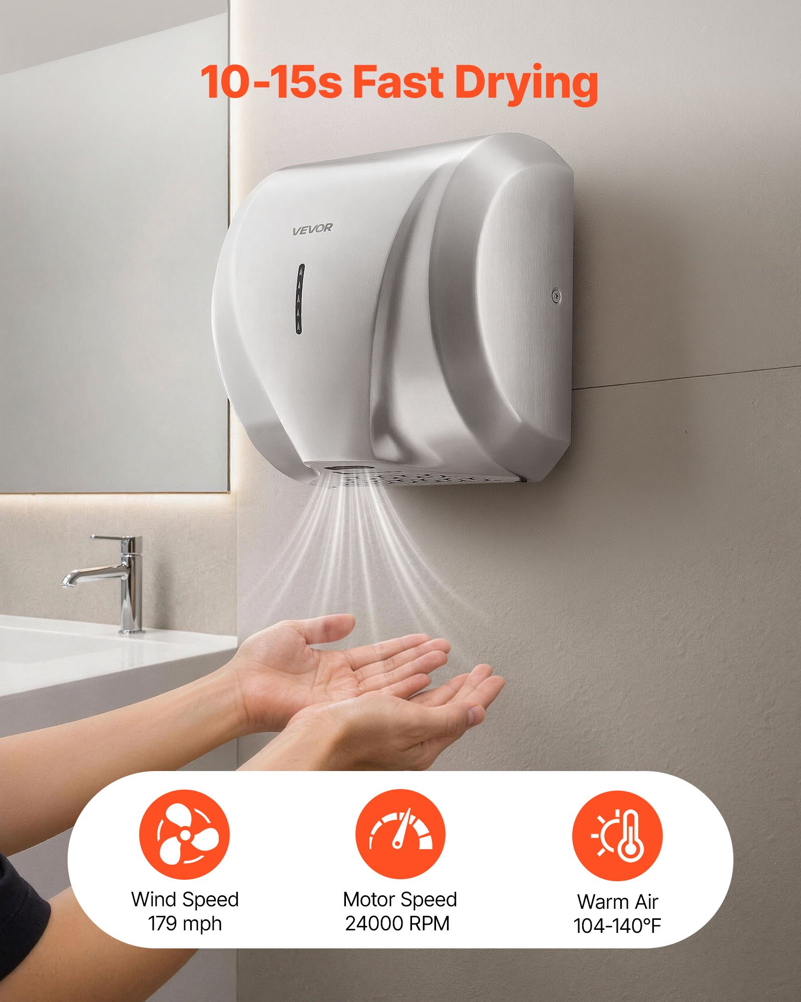 VEVOR Secador de Manos Automático de Velocidad 1800 W con Filtro HEPA, Secador de Manos de Aire de Acero Inoxidable, Montaje en Pared para Baños Hoteles Oficinas Hospitales Aeropuertos Uso Comercial