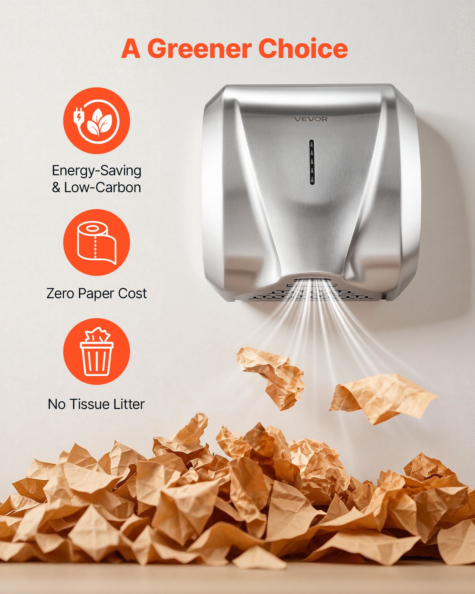 VEVOR Secador de Manos Automático de Velocidad 1800 W con Filtro HEPA, Secador de Manos de Aire de Acero Inoxidable, Montaje en Pared para Baños Hoteles Oficinas Hospitales Aeropuertos Uso Comercial