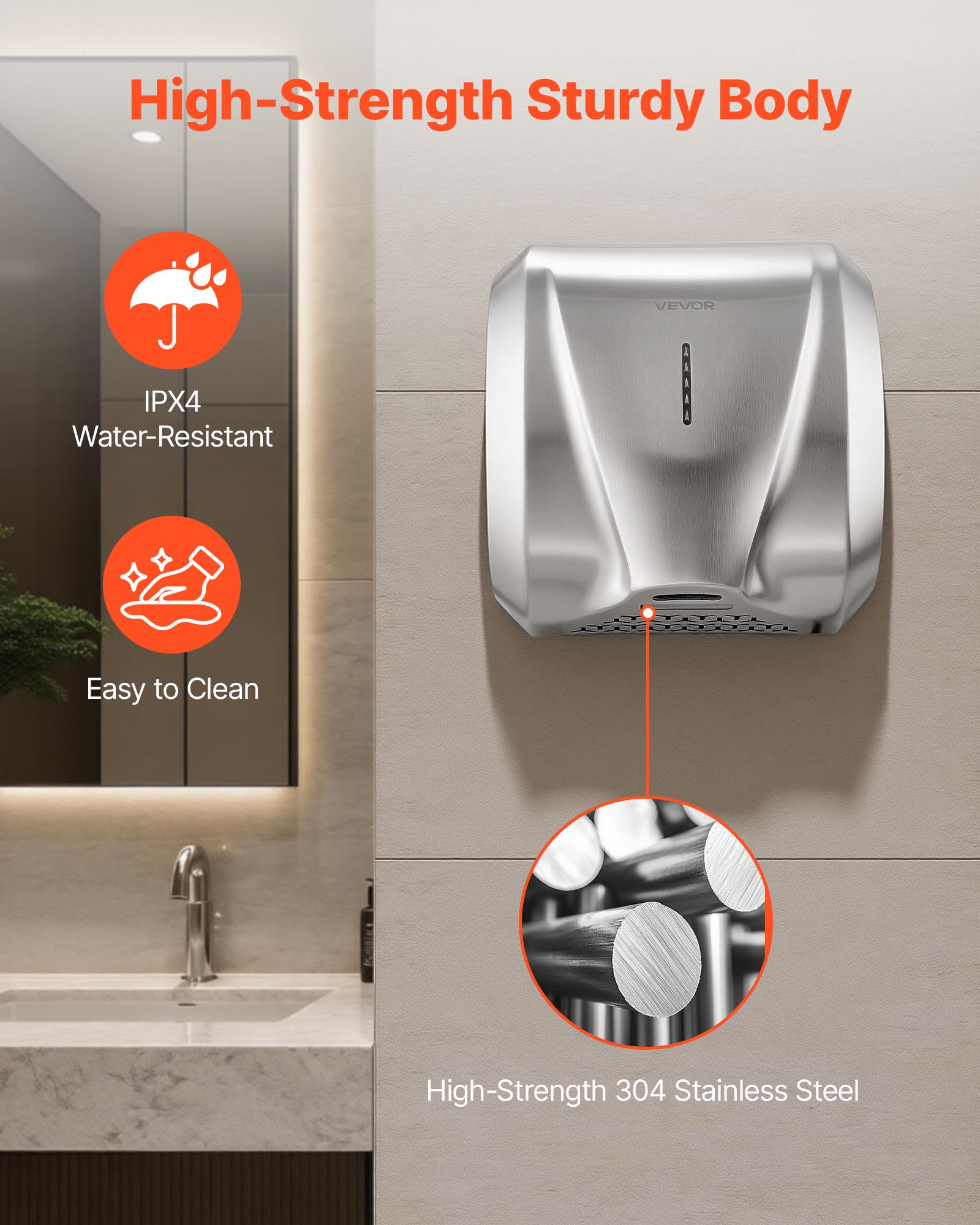 VEVOR Secador de Manos Automático de Velocidad 1800 W con Filtro HEPA, Secador de Manos de Aire de Acero Inoxidable, Montaje en Pared para Baños Hoteles Oficinas Hospitales Aeropuertos Uso Comercial