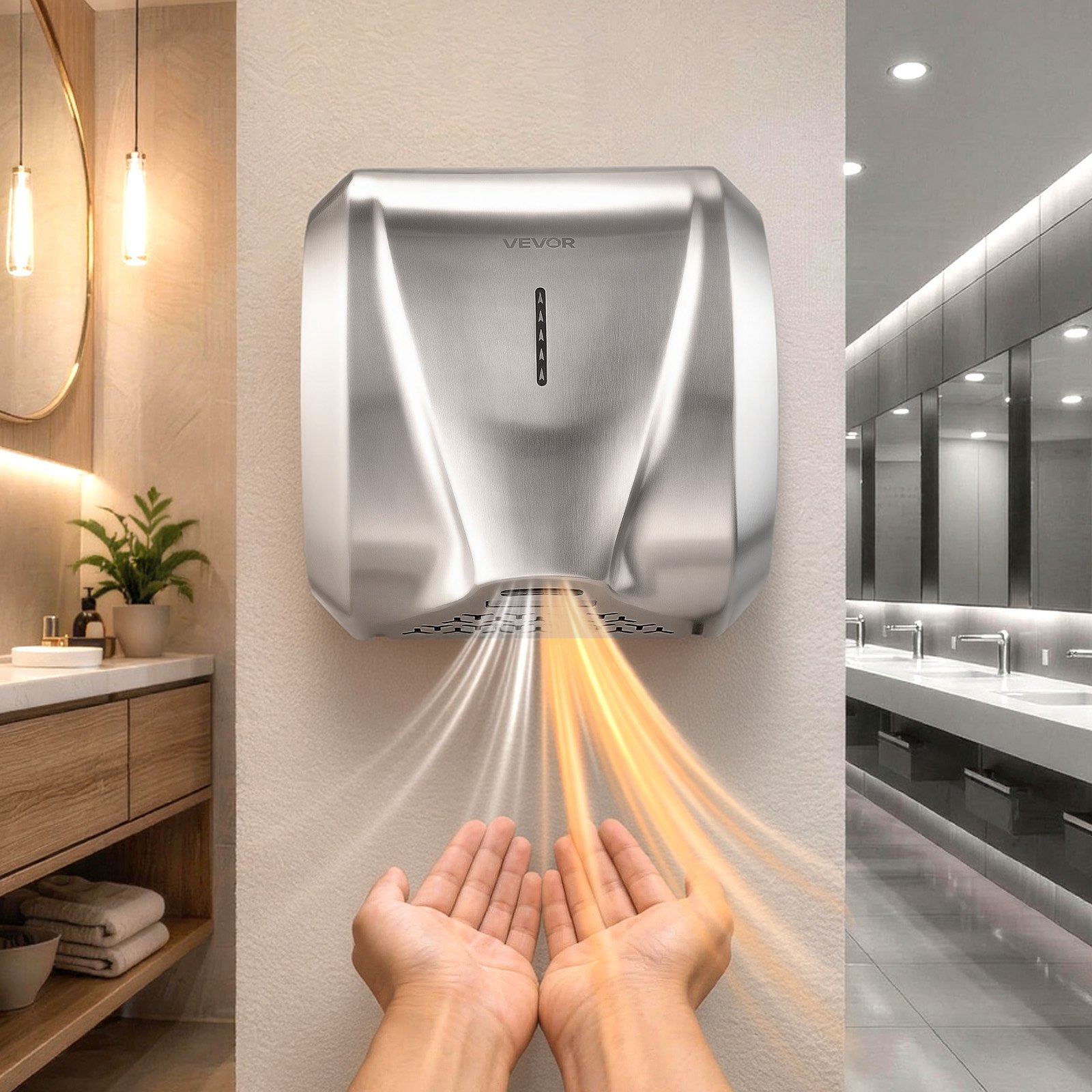 VEVOR Secador de Manos Automático de Velocidad 1800 W con Filtro HEPA, Secador de Manos de Aire de Acero Inoxidable, Montaje en Pared para Baños Hoteles Oficinas Hospitales Aeropuertos Uso Comercial