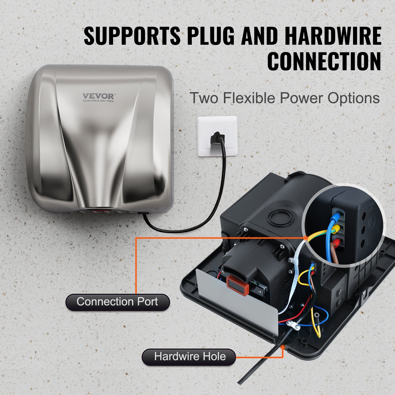 VEVOR Secador de Manos Eléctrico 1300 W Secador de Manos Automático Comercial de Servicio Pesado Filtro HEPA de Alta Velocidad de Acero Inoxidable 2 Opciones de Energía para Inodoros 325x295x180 mm