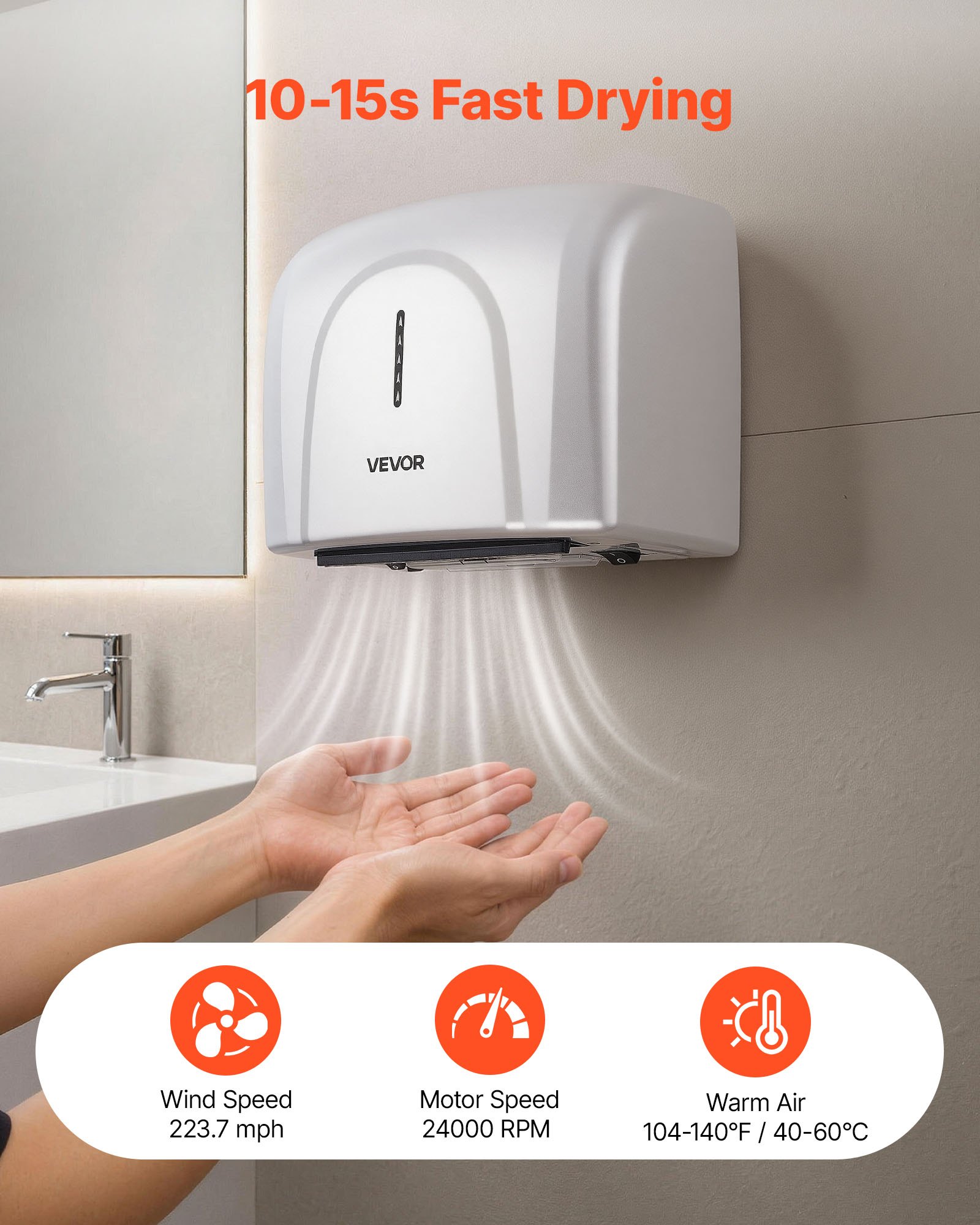 VEVOR Secador de Manos Automático de Velocidad 1300 W con Filtro HEPA, Secador de Manos de Aire de Acero Inoxidable, Montaje en Pared para Baños Hoteles Aeropuertos Oficinas Hospitales Uso Comercial