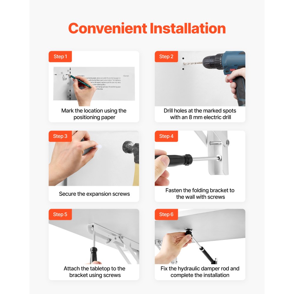 VEVOR Mesa plegable montada en la pared, mesa abatible de montaje en pared de 23.62" x 15.75", escritorio flotante con soporte de hierro, escritorio plegable para espacios pequeños, oficina en casa, comedor, cuarto de lavado, cocina, bar, color blanco