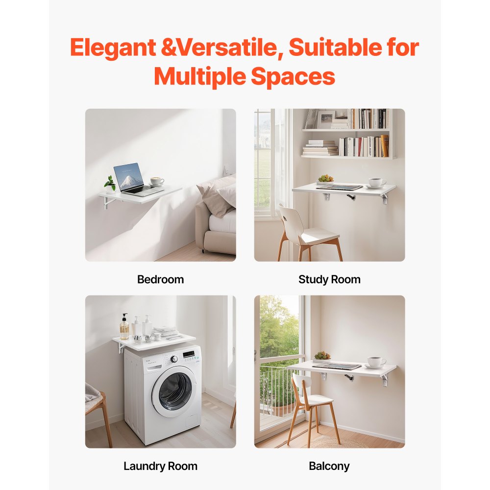 VEVOR Mesa plegable montada en la pared, mesa abatible de montaje en pared de 23.62" x 15.75", escritorio flotante con soporte de hierro, escritorio plegable para espacios pequeños, oficina en casa, comedor, cuarto de lavado, cocina, bar, color blanco