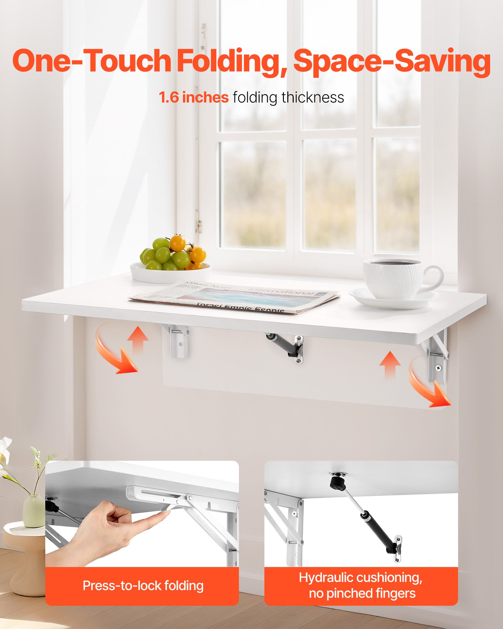 VEVOR Mesa plegable montada en la pared, mesa abatible de montaje en pared de 23.62" x 15.75", escritorio flotante con soporte de hierro, escritorio plegable para espacios pequeños, oficina en casa, comedor, cuarto de lavado, cocina, bar, color blanco