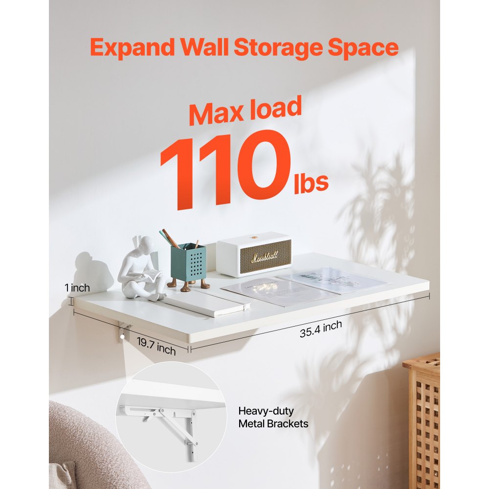 VEVOR Mesa plegable montada en la pared, mesa abatible de montaje en pared de 35.43" x 19.69", escritorio flotante con soporte de hierro, escritorio plegable para espacios pequeños, oficina en casa, comedor, cuarto de lavado, cocina, bar, color blanco