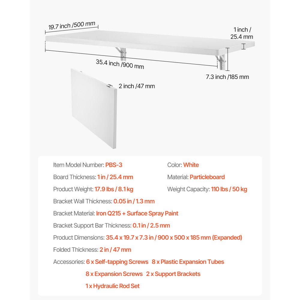 VEVOR Mesa plegable montada en la pared, mesa abatible de montaje en pared de 35.43" x 19.69", escritorio flotante con soporte de hierro, escritorio plegable para espacios pequeños, oficina en casa, comedor, cuarto de lavado, cocina, bar, color blanco
