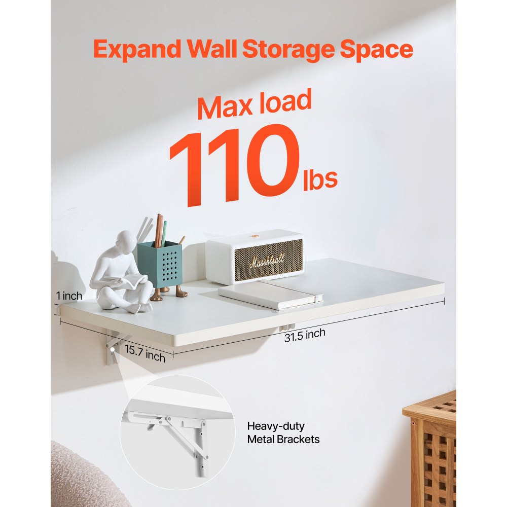 VEVOR Mesa plegable montada en la pared, mesa abatible de 31.5 x 15.75 pulgadas, escritorio flotante con soporte de hierro, escritorio plegable para espacios pequeños, oficina en casa, comedor, cuarto de lavado, cocina, bar, color blanco
